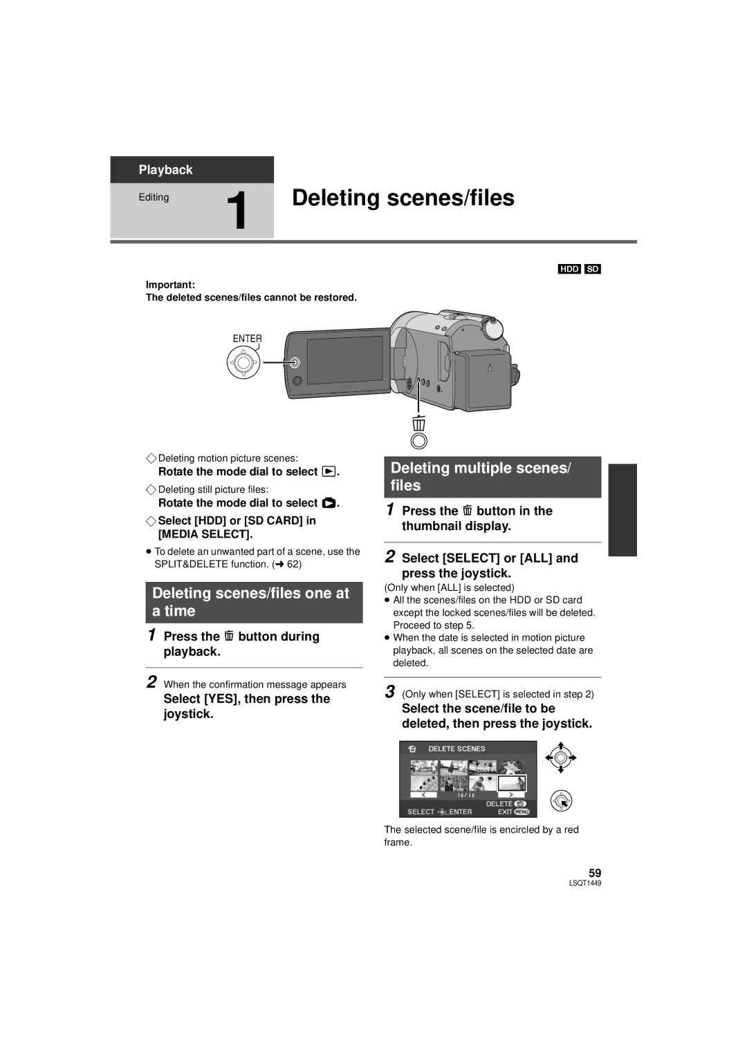 Panasonic SDR-H80PC, SDR-H90PC Deleting scenes/files one at Time, Deleting multiple scenes/ files 