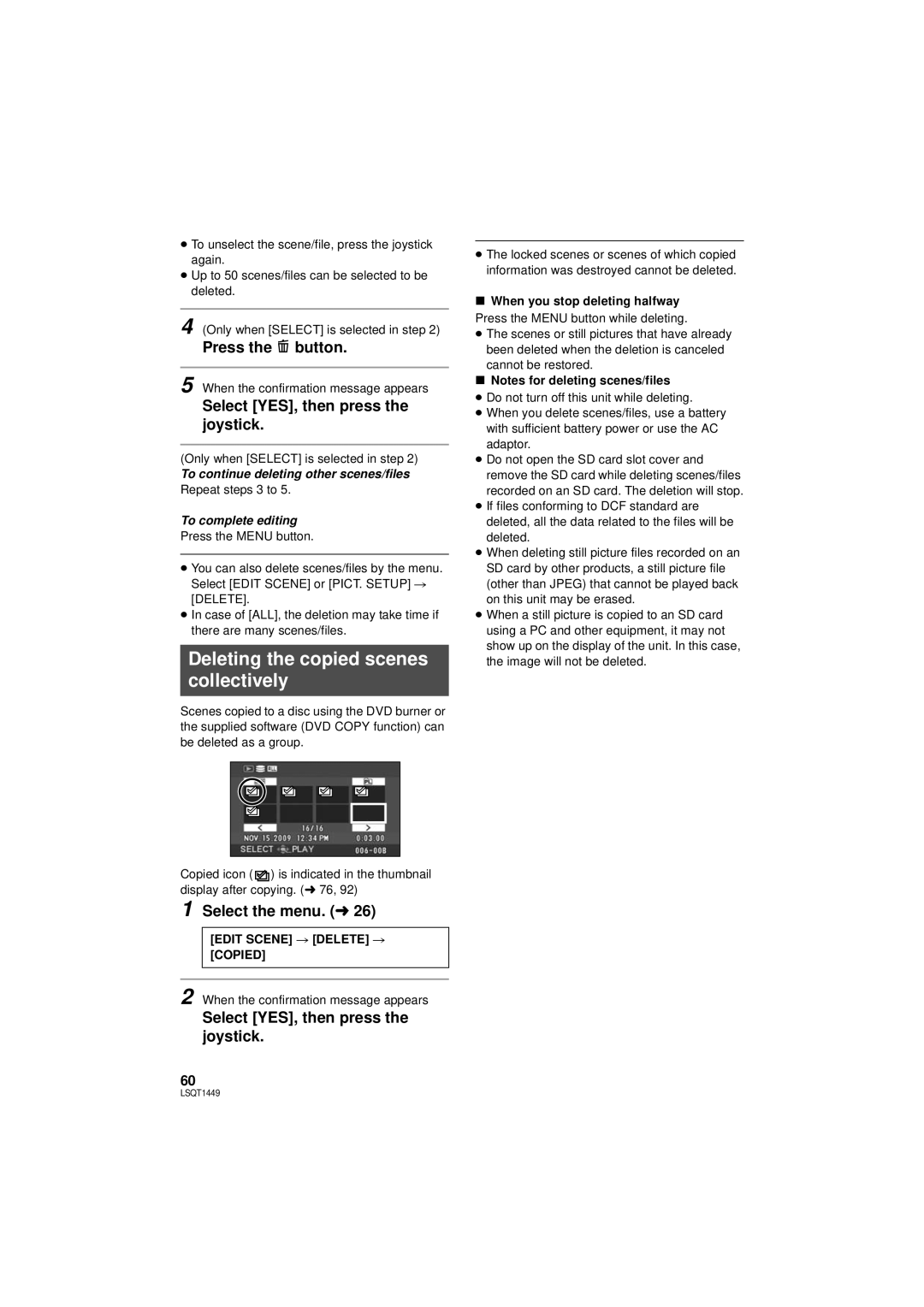 Panasonic SDR-H90P Deleting the copied scenes collectively, Press the button, To continue deleting other scenes/files 