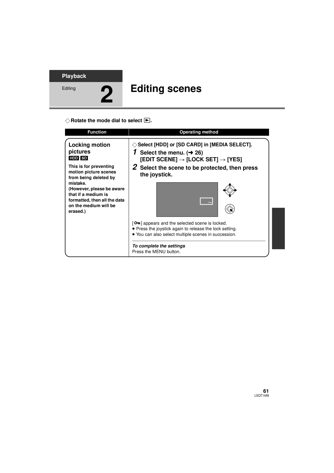 Panasonic SDR-H90PC Editing scenes, Locking motion pictures, Select the scene to be protected, then press the joystick 