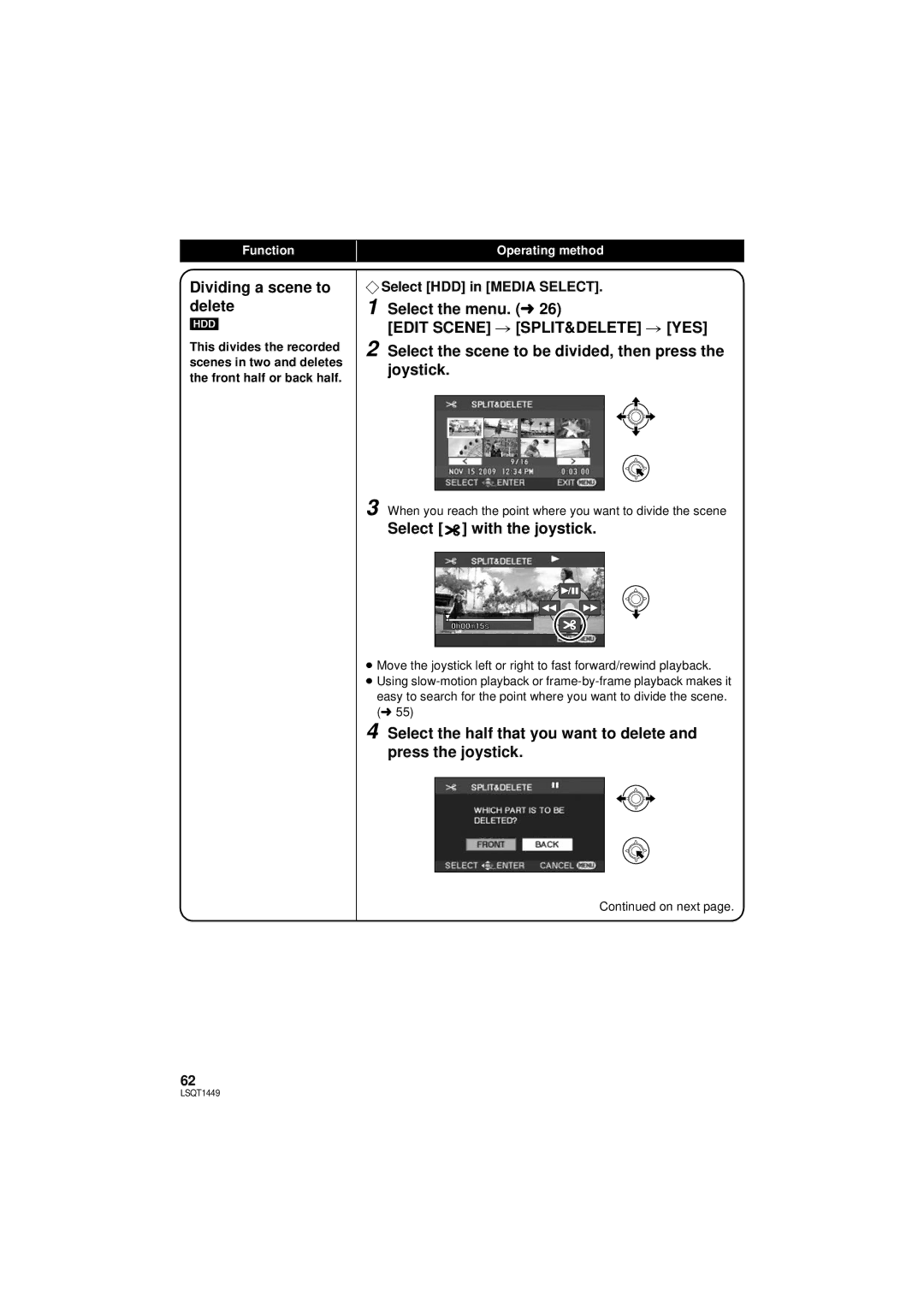 Panasonic SDR-H80P, SDR-H90PC Dividing a scene to delete, Select the scene to be divided, then press the joystick 