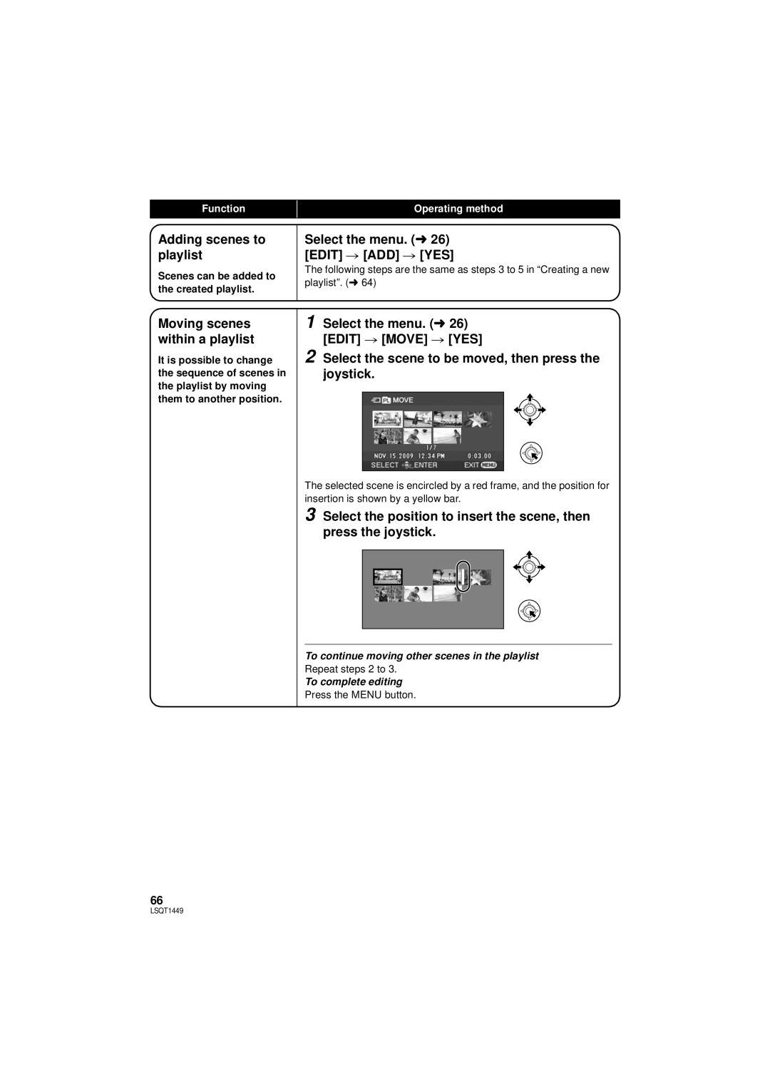 Panasonic SDR-H80P Adding scenes to playlist, Select the menu. l 26 Edit # ADD # YES, Moving scenes within a playlist 