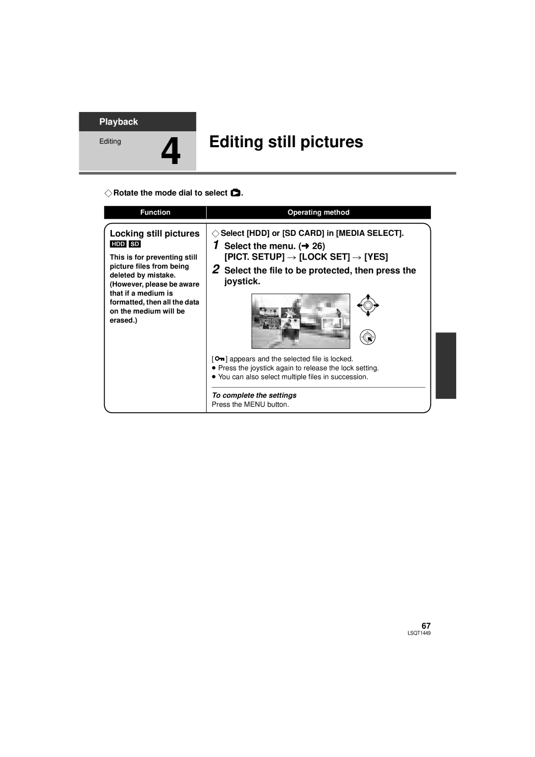 Panasonic SDR-H80PC, SDR-H90PC operating instructions Editing still pictures, Locking still pictures 