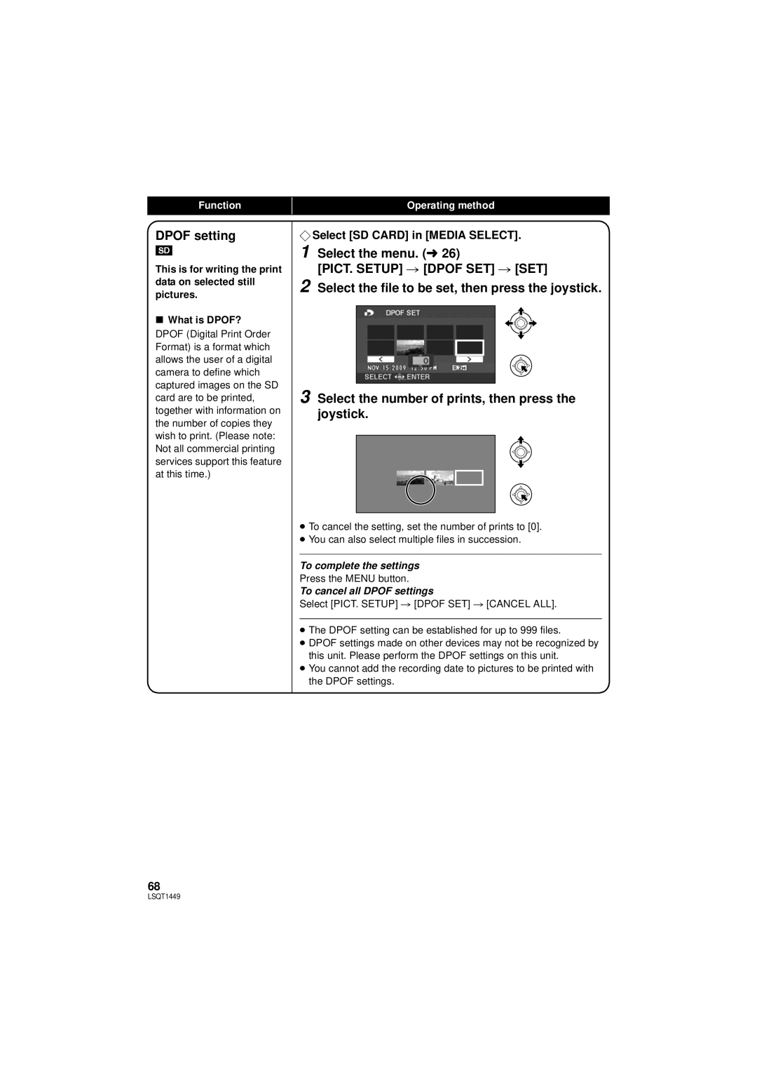 Panasonic SDR-H90PC, SDR-H80PC operating instructions To cancel all Dpof settings 