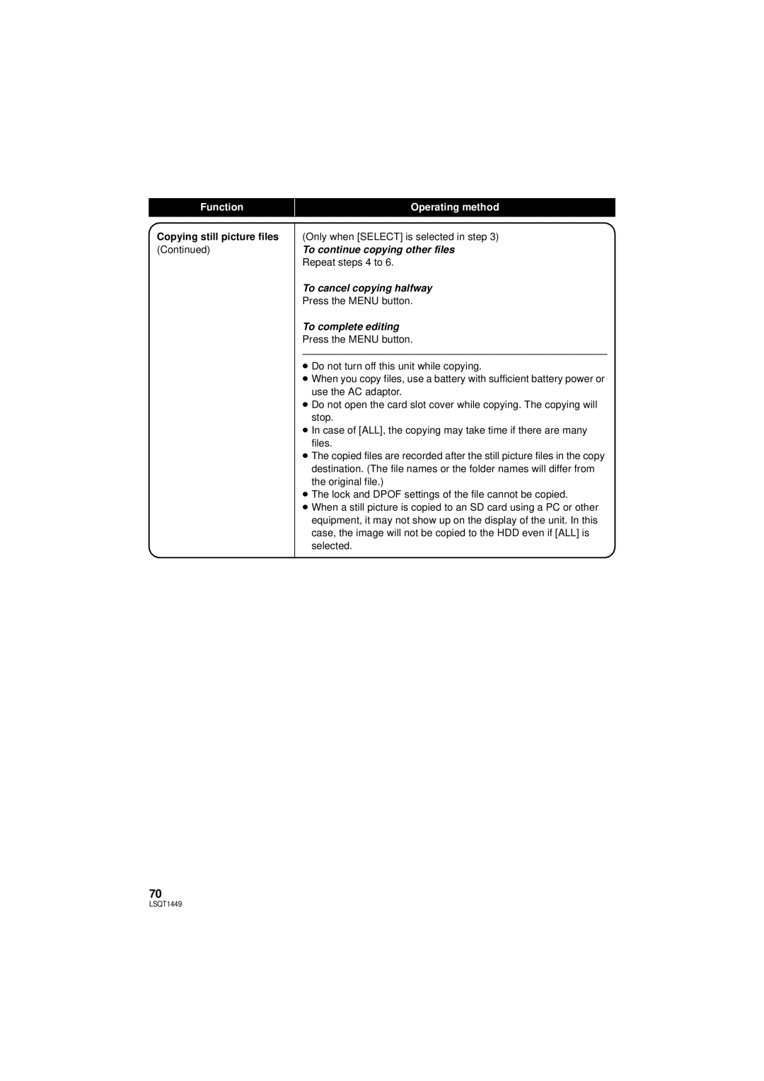 Panasonic SDR-H80P, SDR-H90P Copying still picture files, To continue copying other files, To cancel copying halfway 