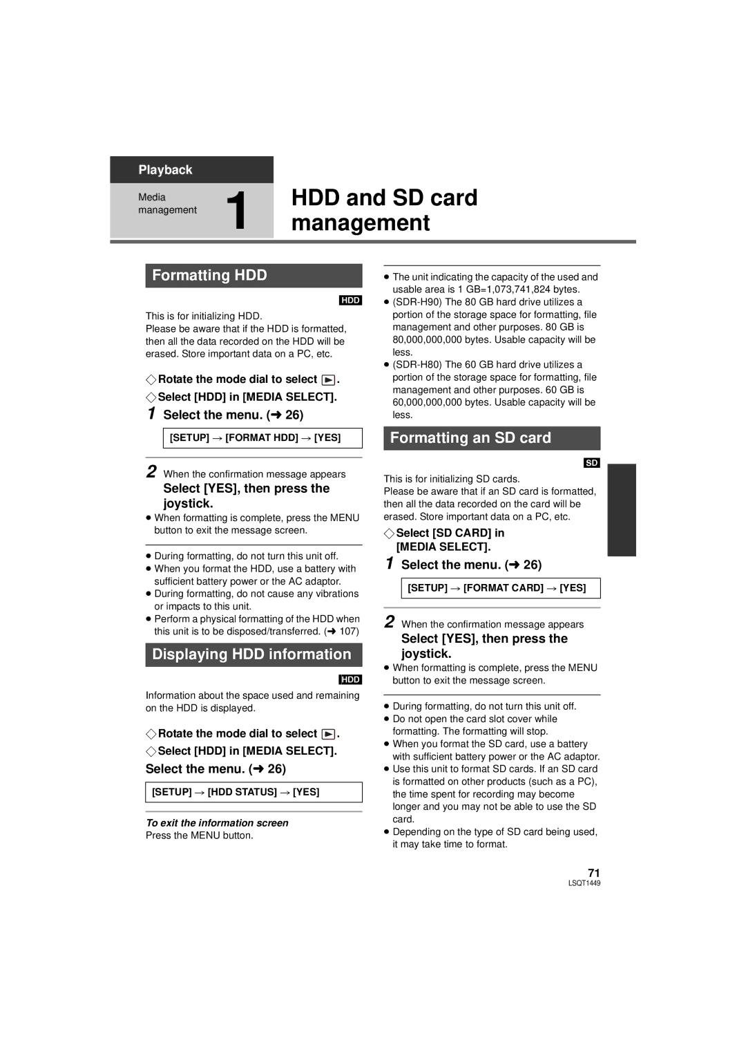 Panasonic SDR-H80PC HDD and SD card, Management, Formatting HDD, Displaying HDD information, Formatting an SD card 