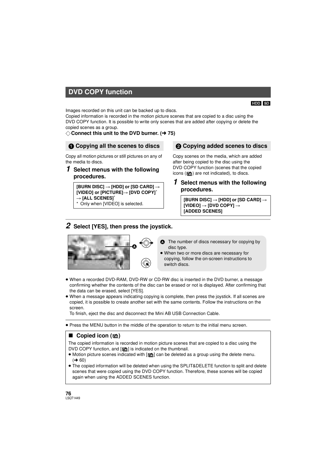 Panasonic SDR-H90P DVD Copy function, Copying all the scenes to discs, Select menus with the following procedures 