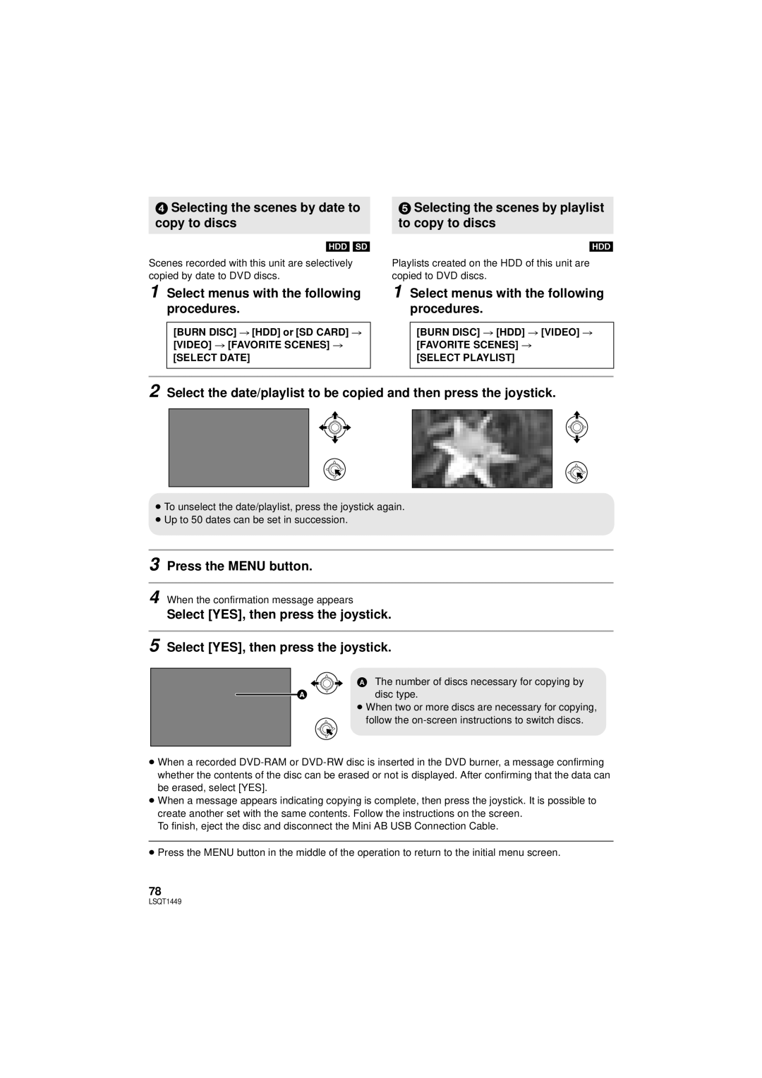 Panasonic SDR-H80P Selecting the scenes by date to copy to discs, Selecting the scenes by playlist to copy to discs 