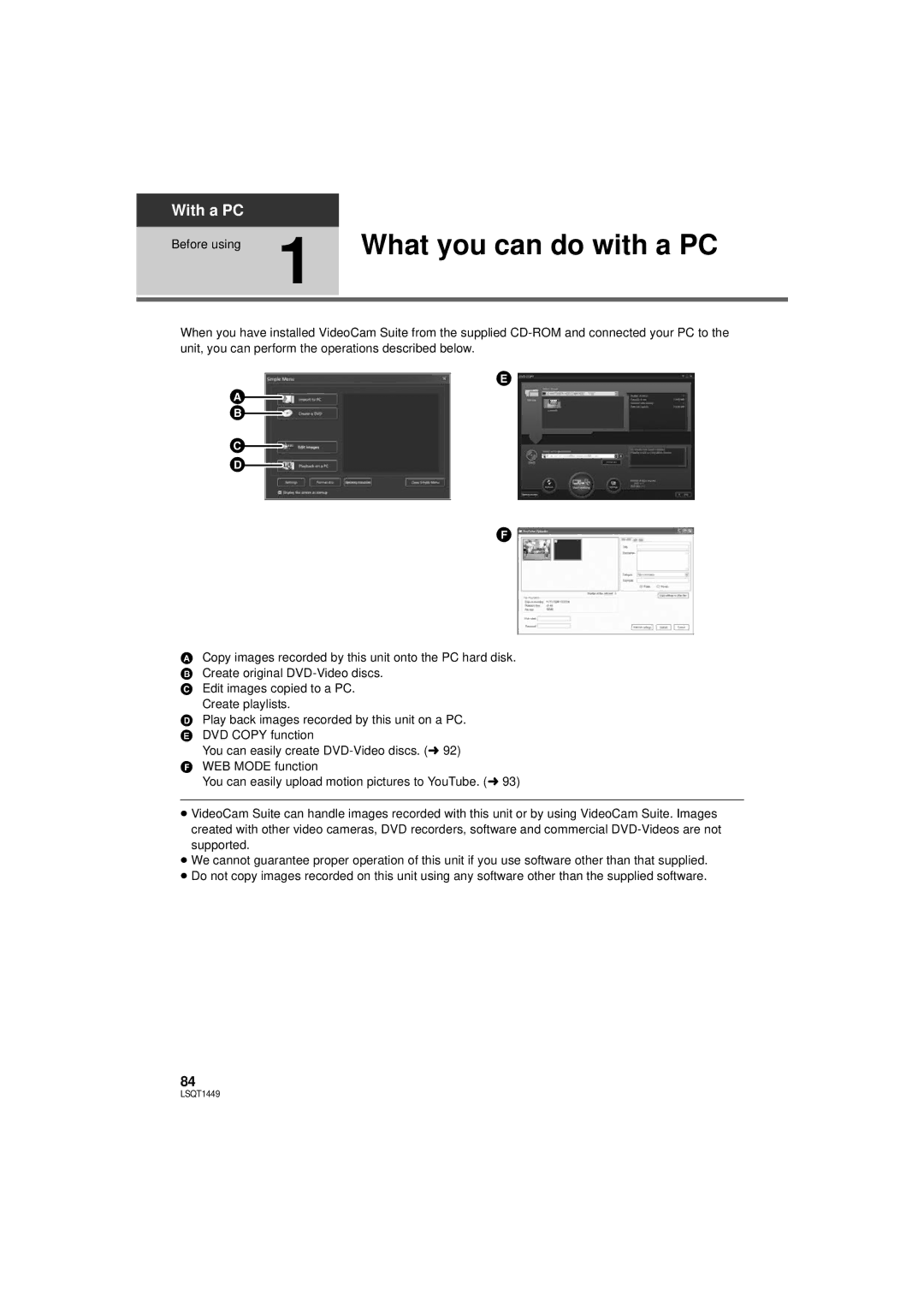 Panasonic SDR-H90PC, SDR-H80PC operating instructions Before using 1 What you can do with a PC 