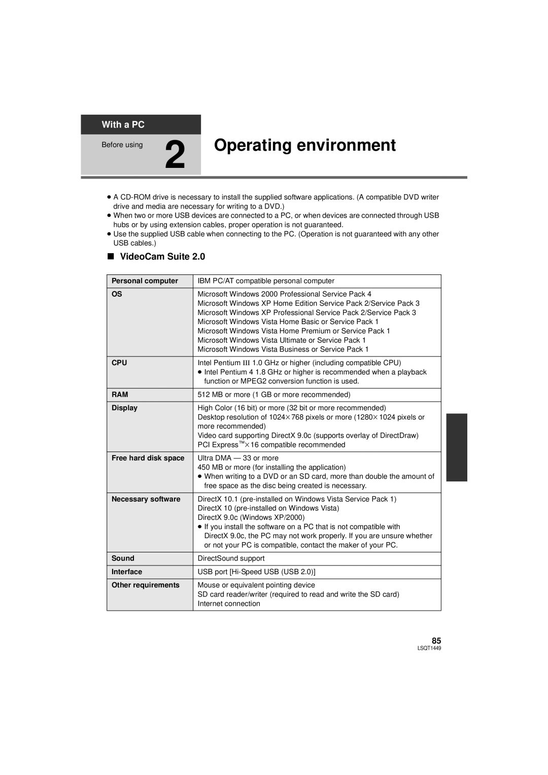 Panasonic SDR-H90PC, SDR-H80PC operating instructions Operating environment, VideoCam Suite, Cpu, Ram 