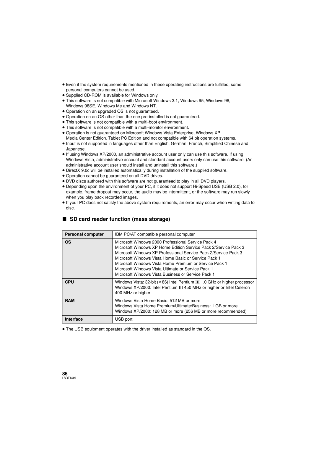 Panasonic SDR-H90PC, SDR-H80PC operating instructions SD card reader function mass storage 