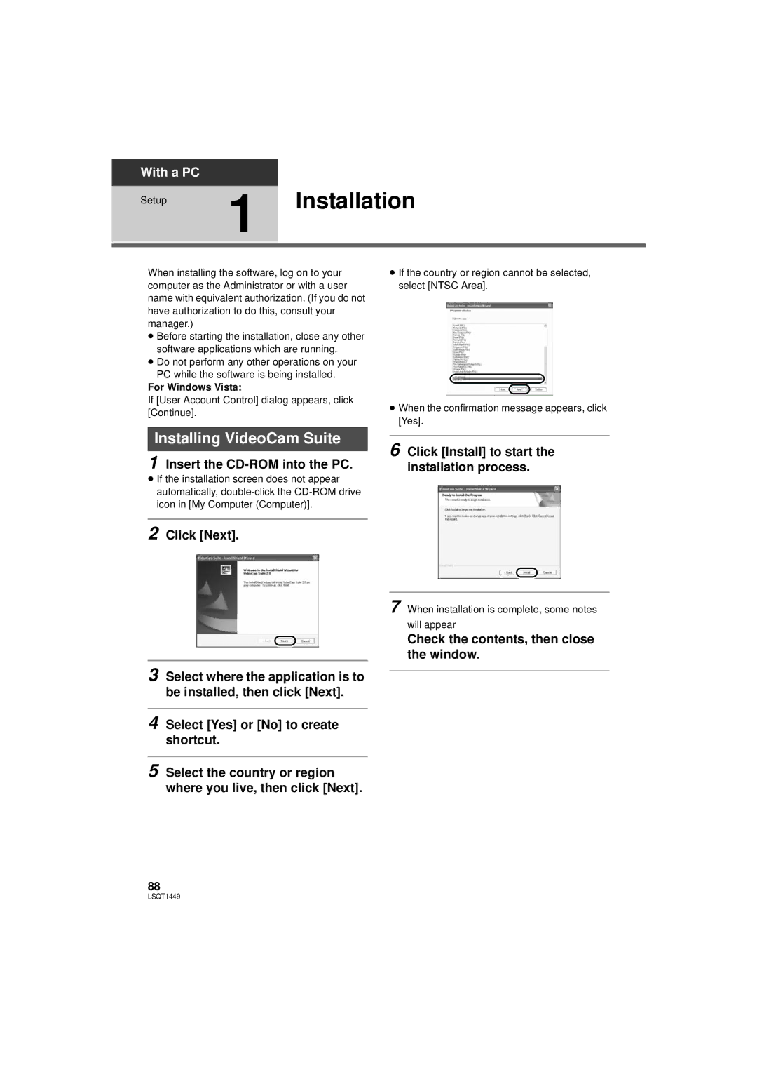 Panasonic SDR-H90P Setup1 Installation, Installing VideoCam Suite, Insert the CD-ROM into the PC, For Windows Vista 