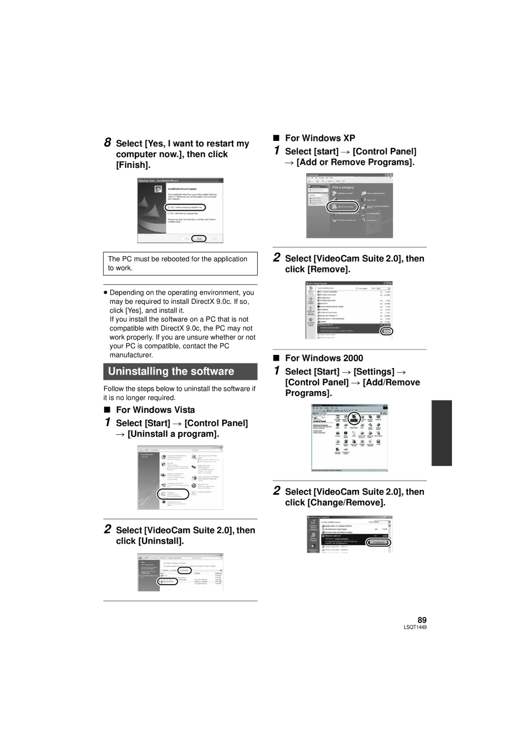 Panasonic SDR-H90PC, SDR-H80PC operating instructions Uninstalling the software 