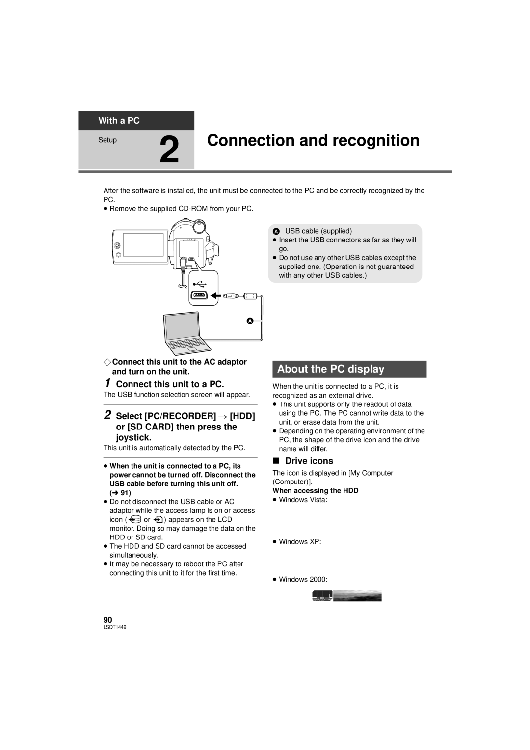 Panasonic SDR-H80P, SDR-H90P Connection and recognition, About the PC display, Connect this unit to a PC, Drive icons 