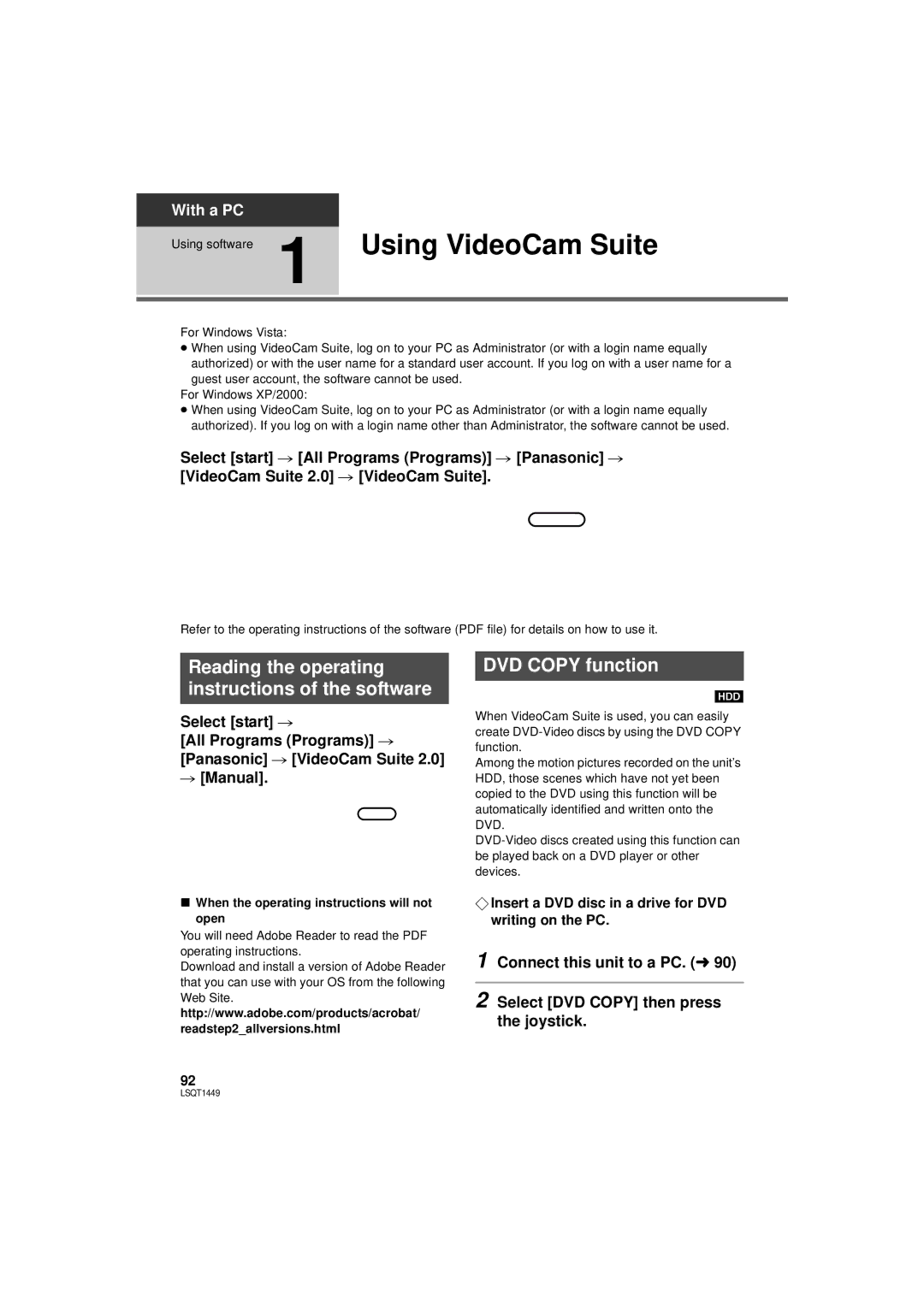 Panasonic SDR-H90PC, SDR-H80P Using software 1 Using VideoCam Suite, Reading the operating instructions of the software 