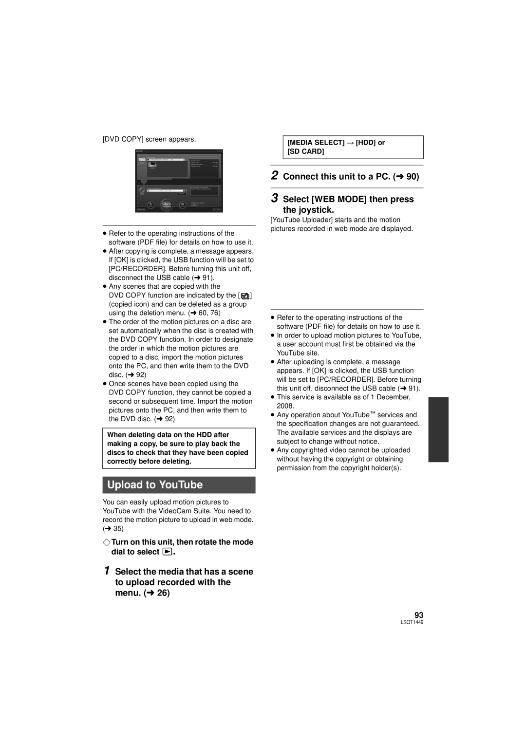 Panasonic SDR-H90PC, SDR-H80PC operating instructions Upload to YouTube, Media Select # HDD or SD Card 