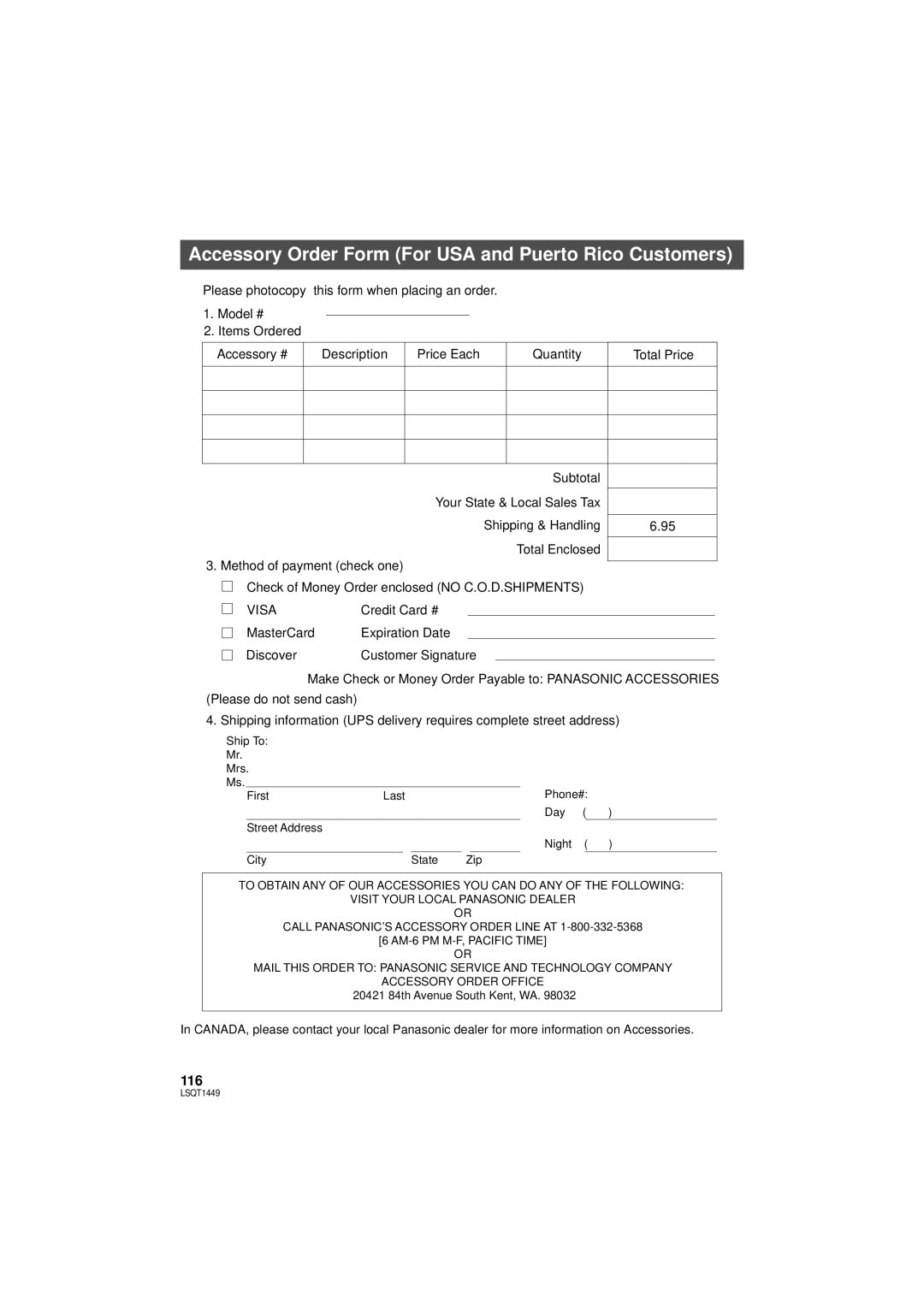 Panasonic SDR-H90PC, SDR-H80PC operating instructions Accessory Order Form For USA and Puerto Rico Customers 