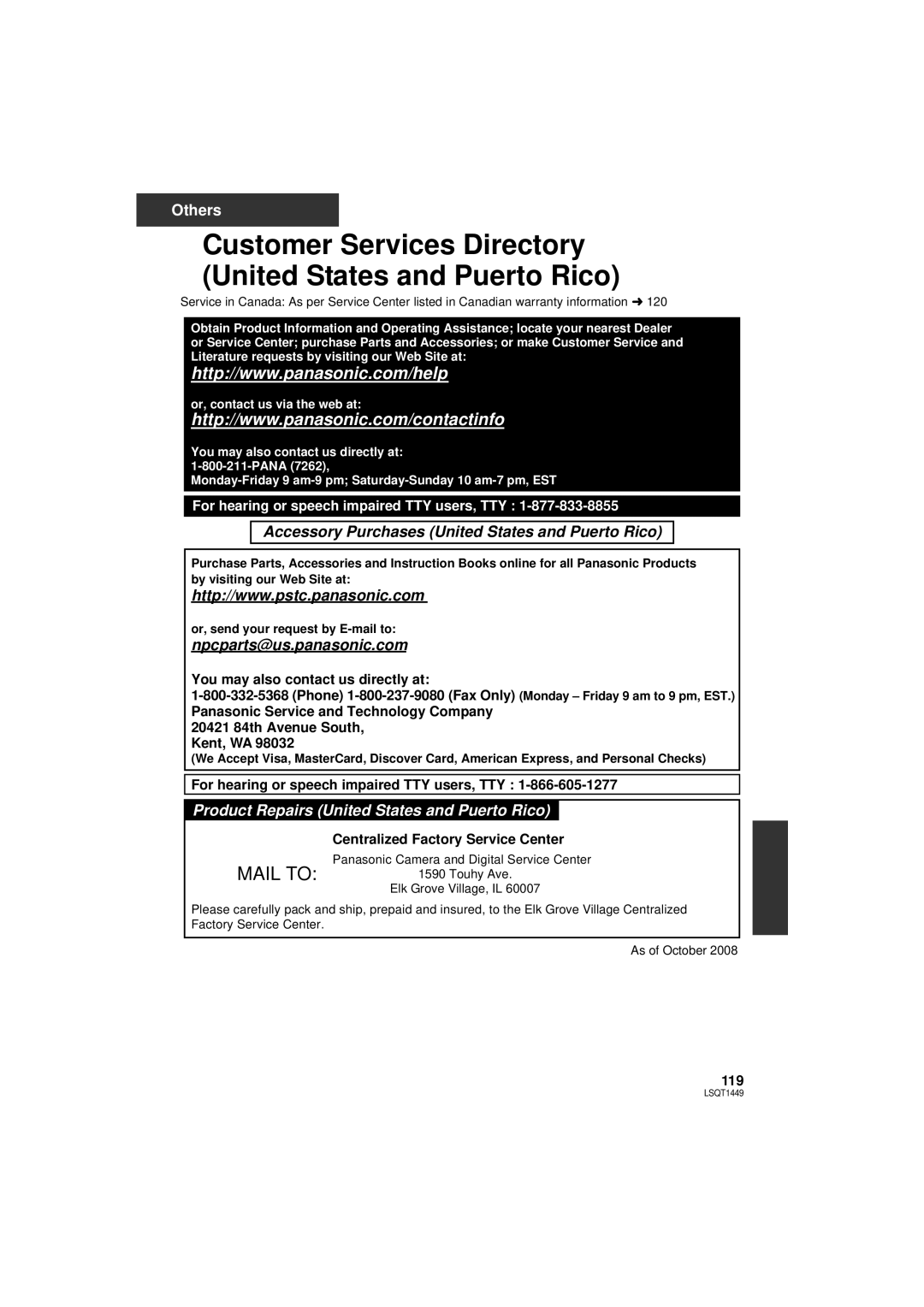 Panasonic SDR-H80PC Customer Services Directory United States and Puerto Rico, Mail To, Others, npcparts@us.panasonic.com 