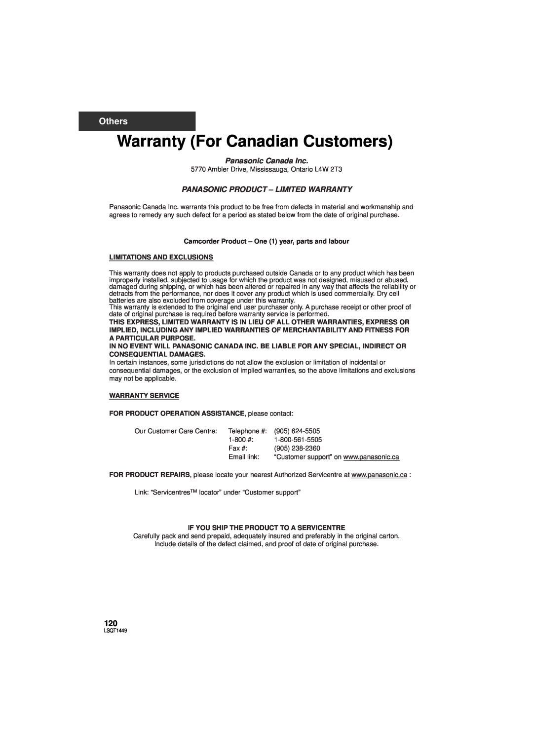 Panasonic SDR-H90P Warranty For Canadian Customers, Others, Panasonic Canada Inc, Panasonic Product - Limited Warranty 