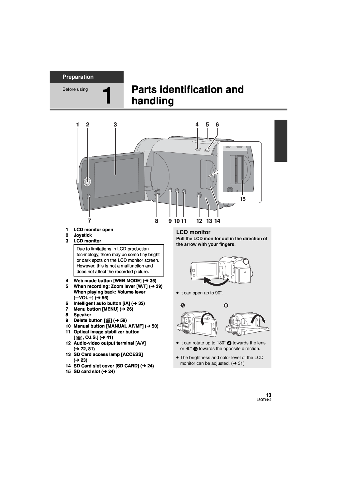 Panasonic SDR-H90PC, SDR-H80PC operating instructions Parts identification and, handling, Preparation, 9 10, LCD monitor 