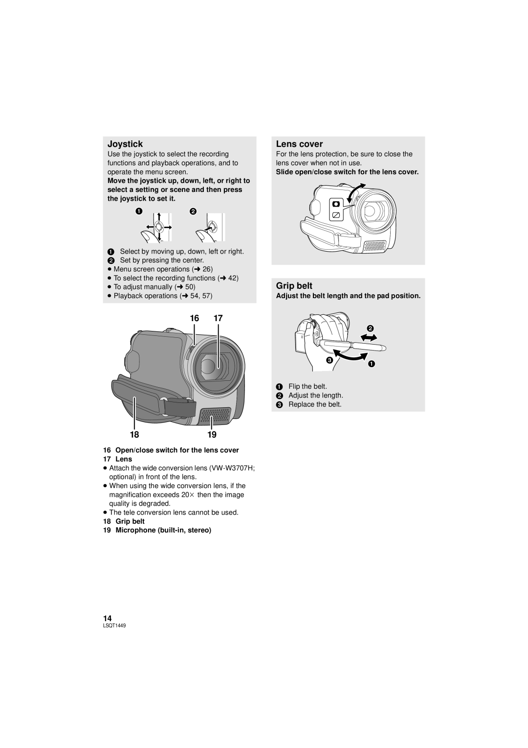Panasonic SDR-H90PC, SDR-H80PC operating instructions Joystick, Lens cover, 1819, Grip belt 