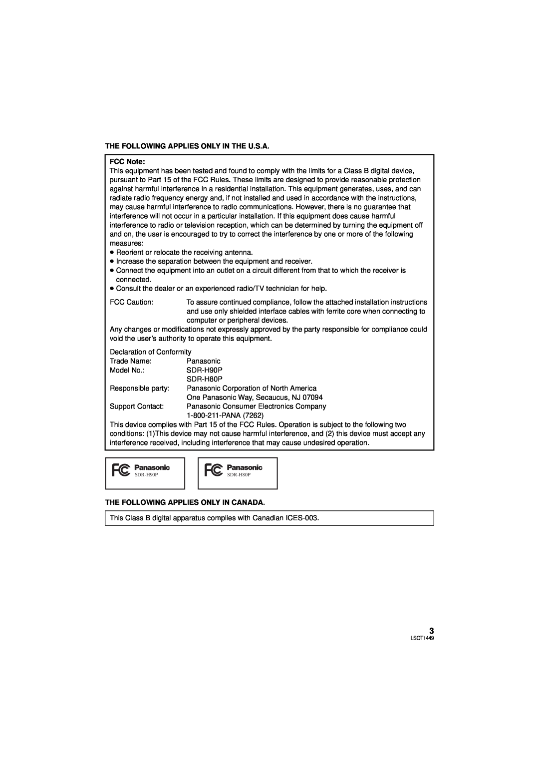 Panasonic SDR-H80PC, SDR-H90P THE FOLLOWING APPLIES ONLY IN THE U.S.A FCC Note, The Following Applies Only In Canada 