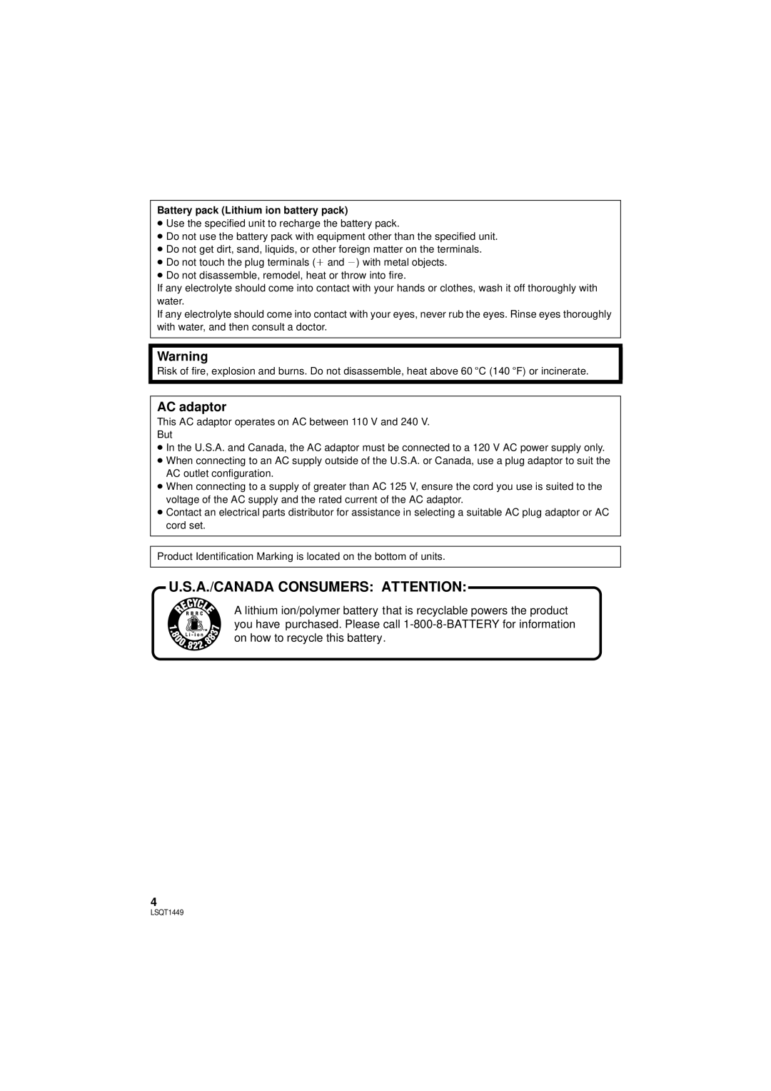 Panasonic SDR-H90PC, SDR-H80PC operating instructions U.S.A./Canada Consumers Attention, AC adaptor 
