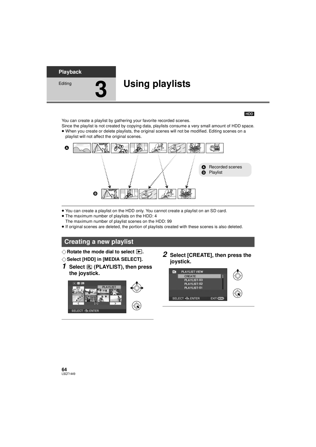 Panasonic SDR-H90PC Using playlists, Creating a new playlist, Select CREATE, then press the joystick, Playback 