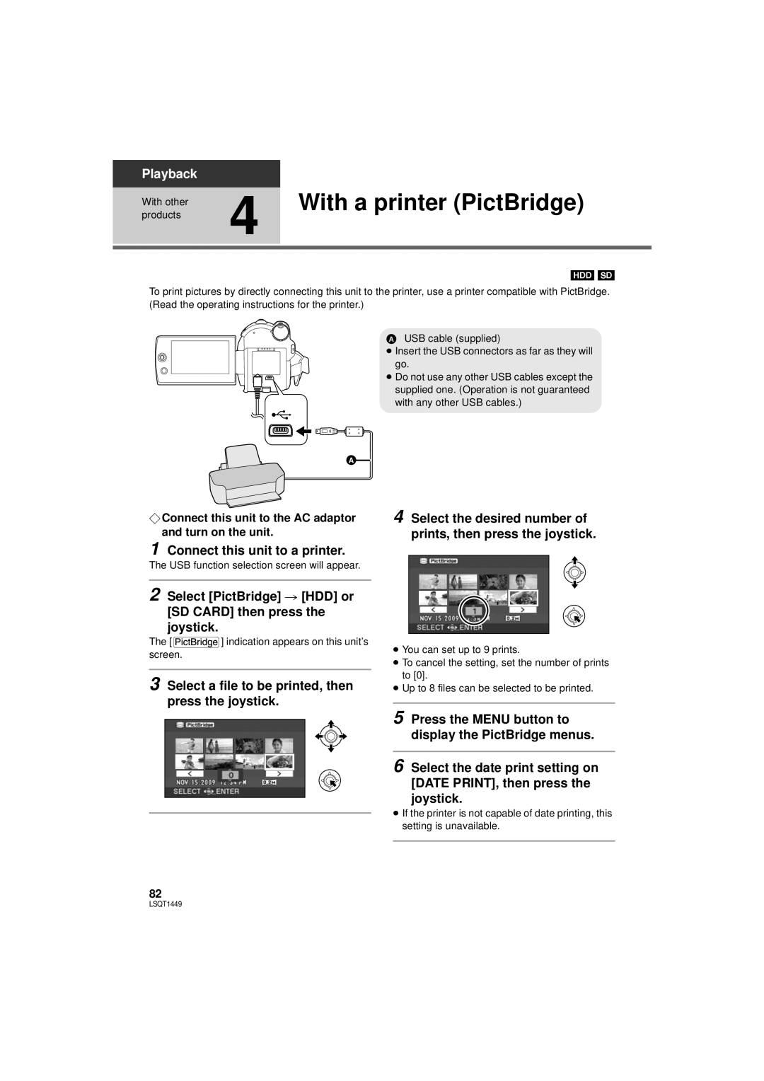 Panasonic SDR-H90PC, SDR-H80PC With a printer PictBridge, Connect this unit to a printer, Playback 