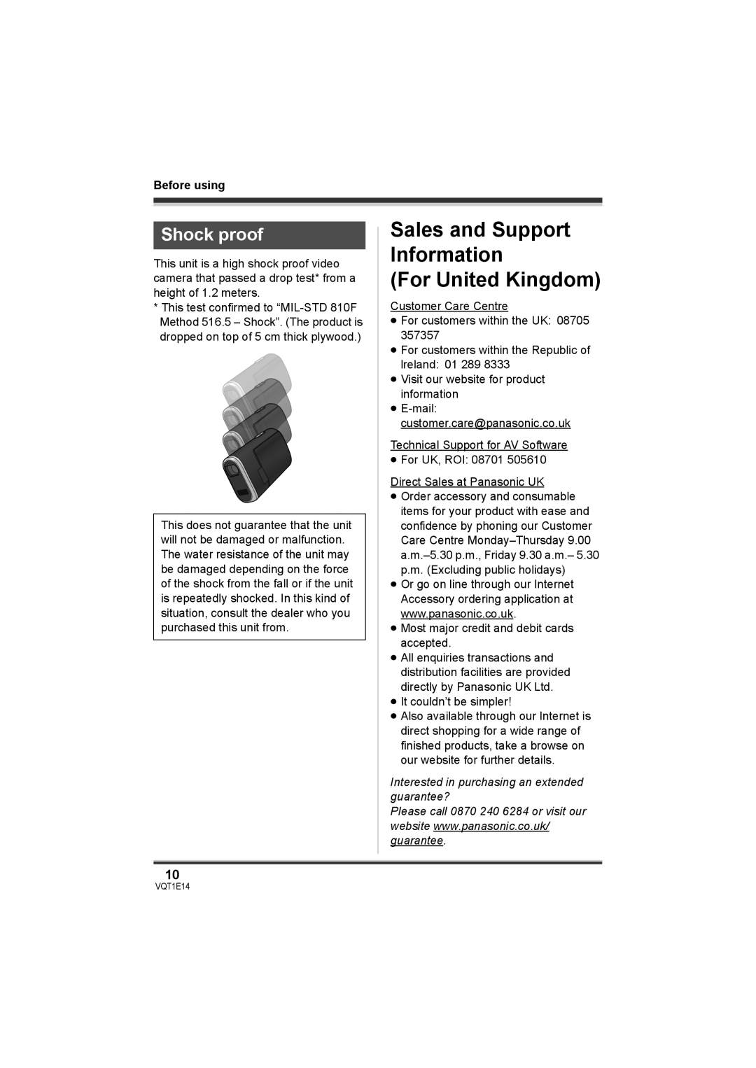 Panasonic SDR-S10 operating instructions Sales and Support Information For United Kingdom, Shock proof 