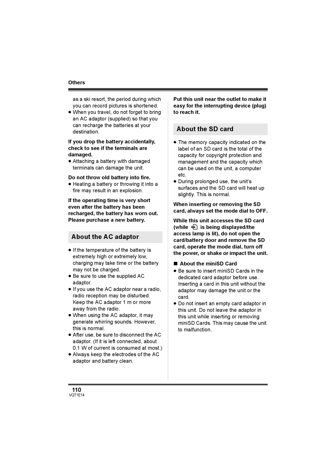 Panasonic SDR-S10 operating instructions About the AC adaptor, About the SD card, 110 