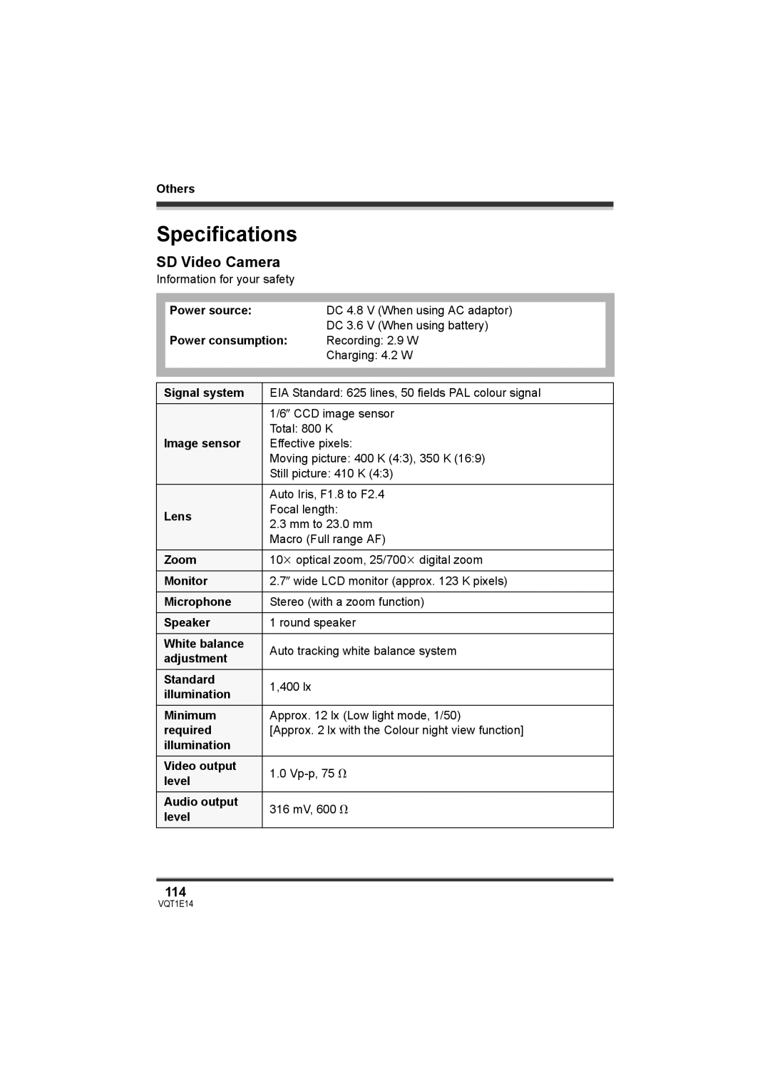 Panasonic SDR-S10 operating instructions Specifications, SD Video Camera, 114 