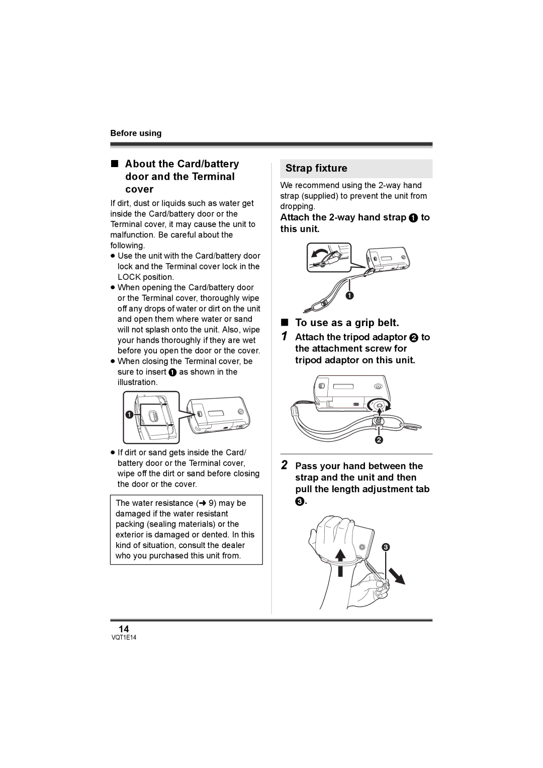 Panasonic SDR-S10 About the Card/battery door and the Terminal cover, Strap fixture, To use as a grip belt 