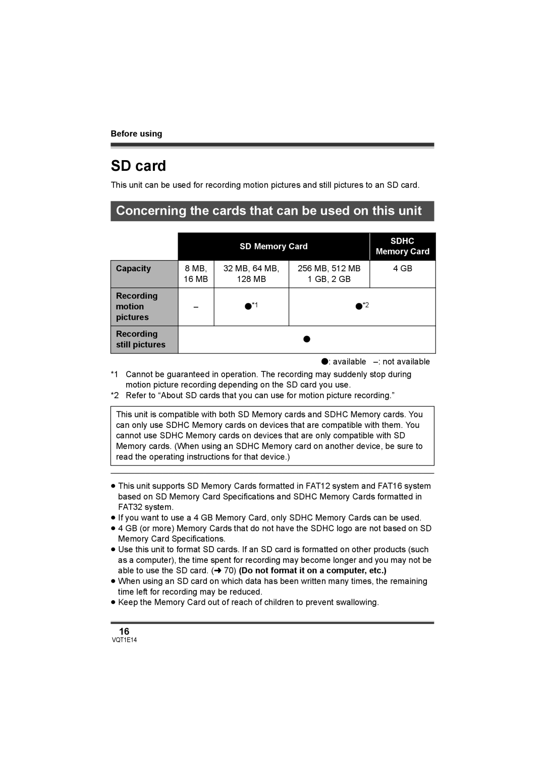 Panasonic SDR-S10 operating instructions SD card, Concerning the cards that can be used on this unit, Capacity, Recording 