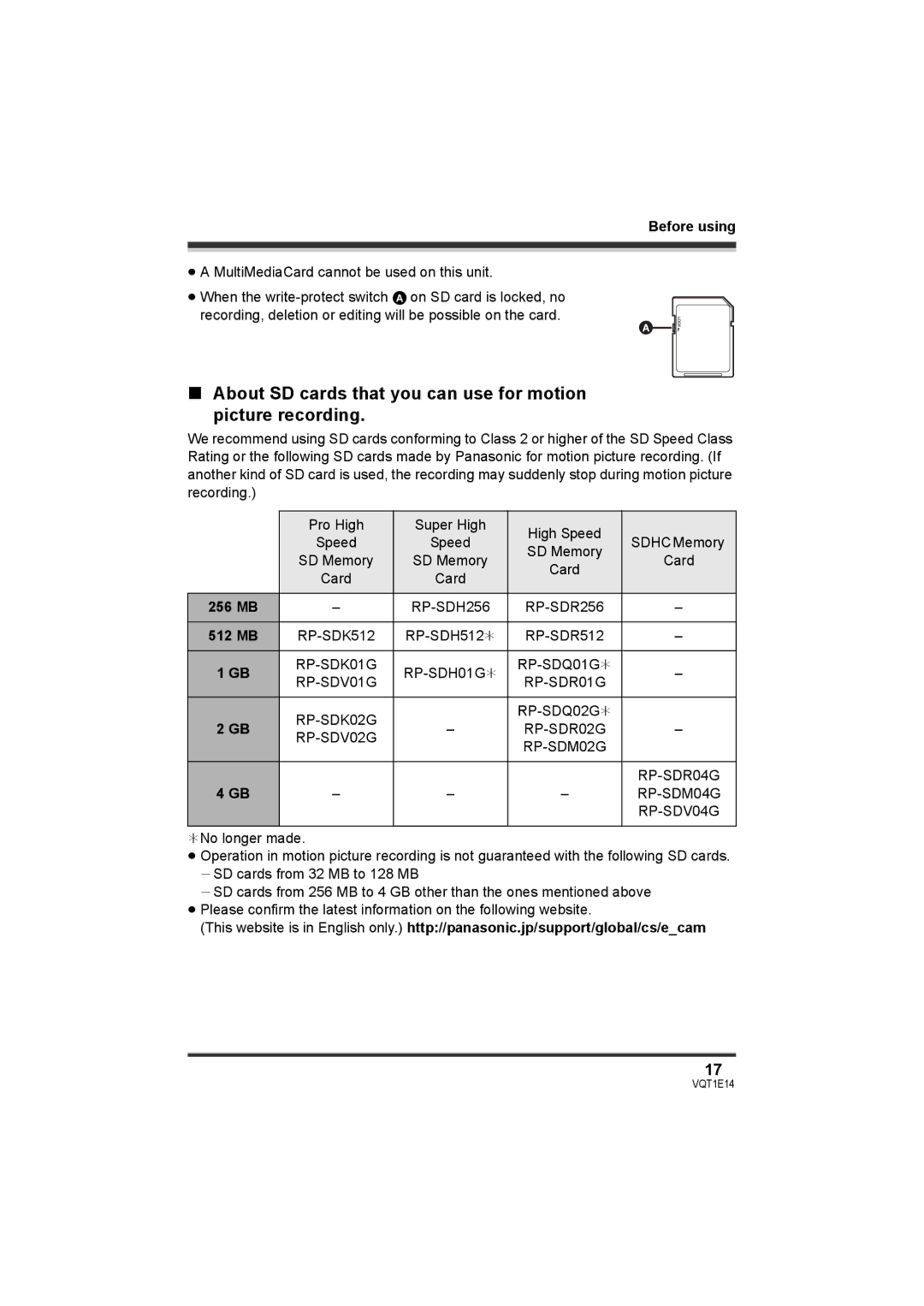 Panasonic SDR-S10 operating instructions About SD cards that you can use for motion picture recording 