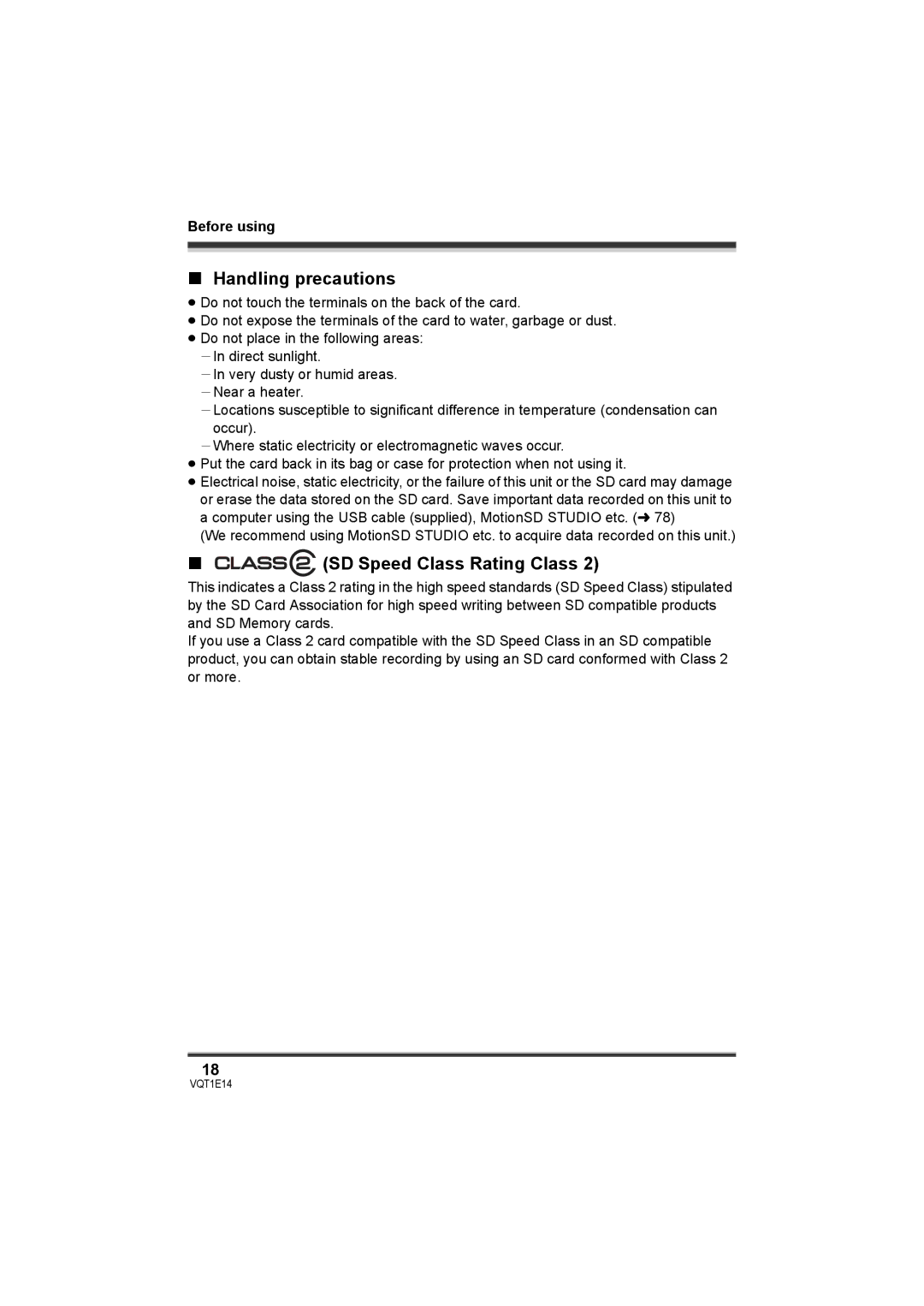 Panasonic SDR-S10 operating instructions Handling precautions, SD Speed Class Rating Class 