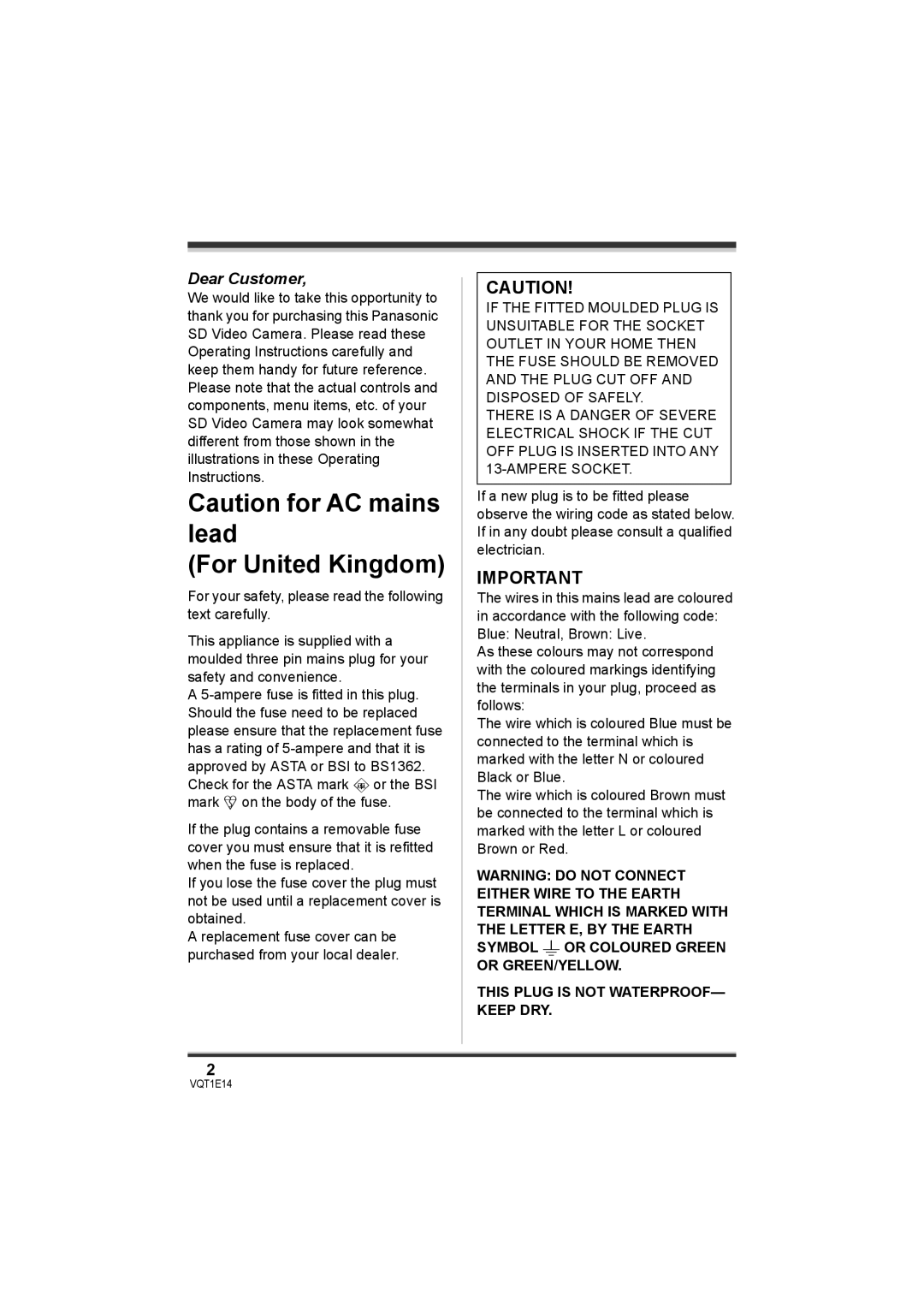 Panasonic SDR-S10 operating instructions For United Kingdom, Dear Customer 