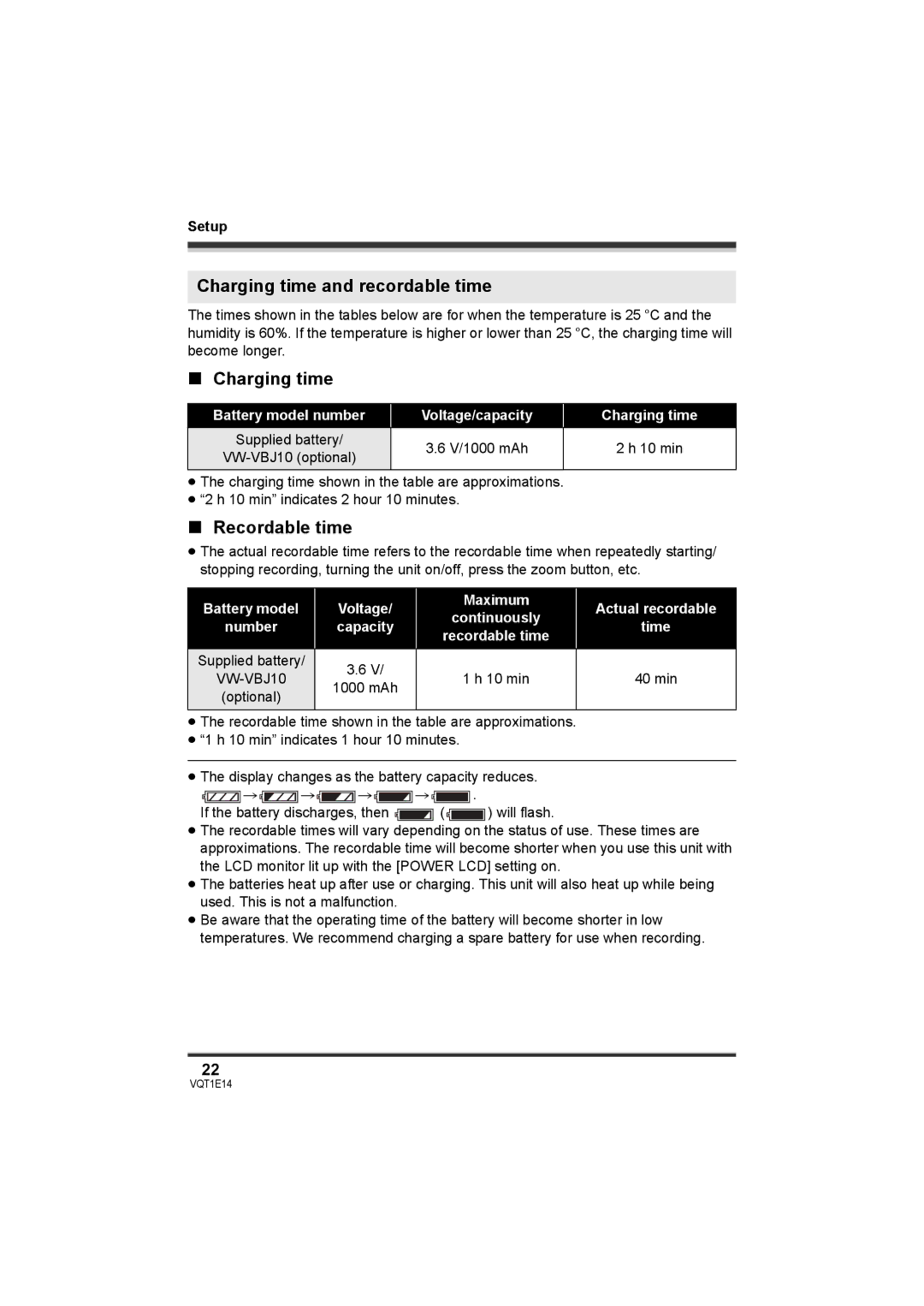 Panasonic SDR-S10 operating instructions Charging time and recordable time, Recordable time 