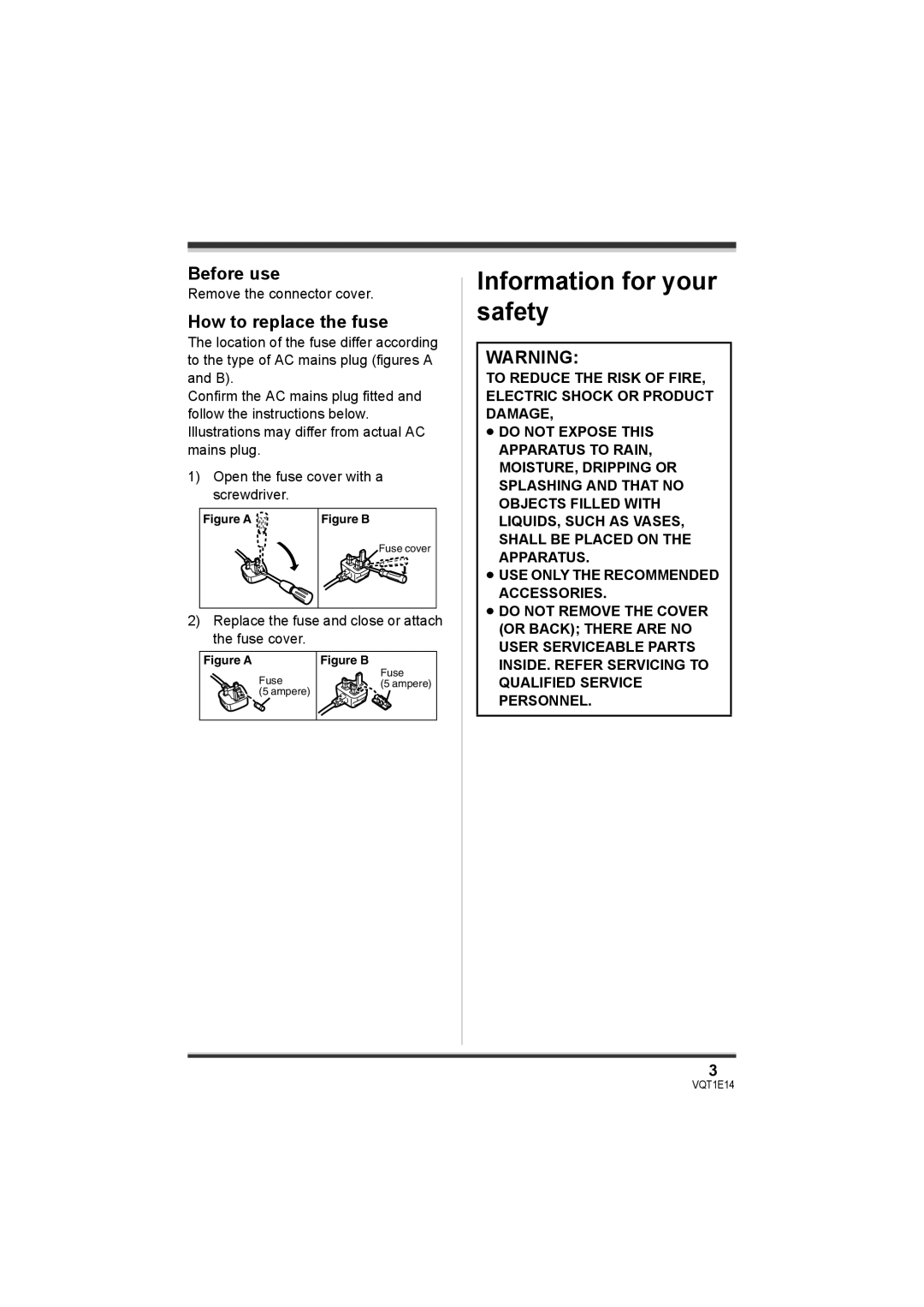 Panasonic SDR-S10 operating instructions Information for your safety, Before use, How to replace the fuse 