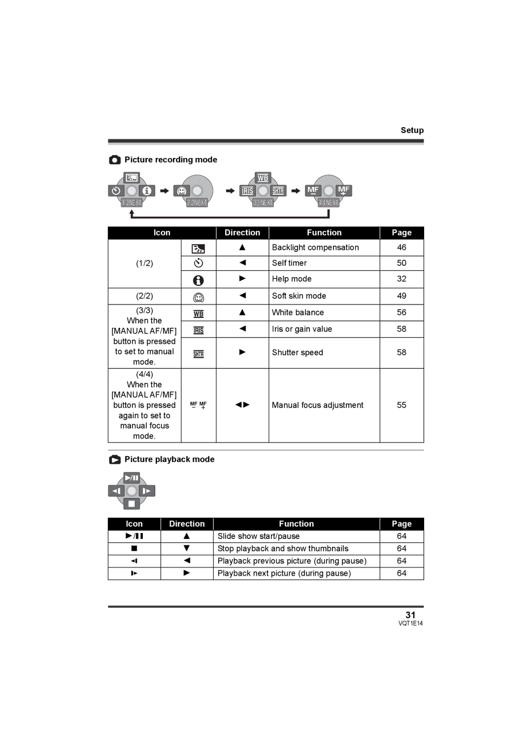 Panasonic SDR-S10 operating instructions Setup Picture recording mode, Picture playback mode 