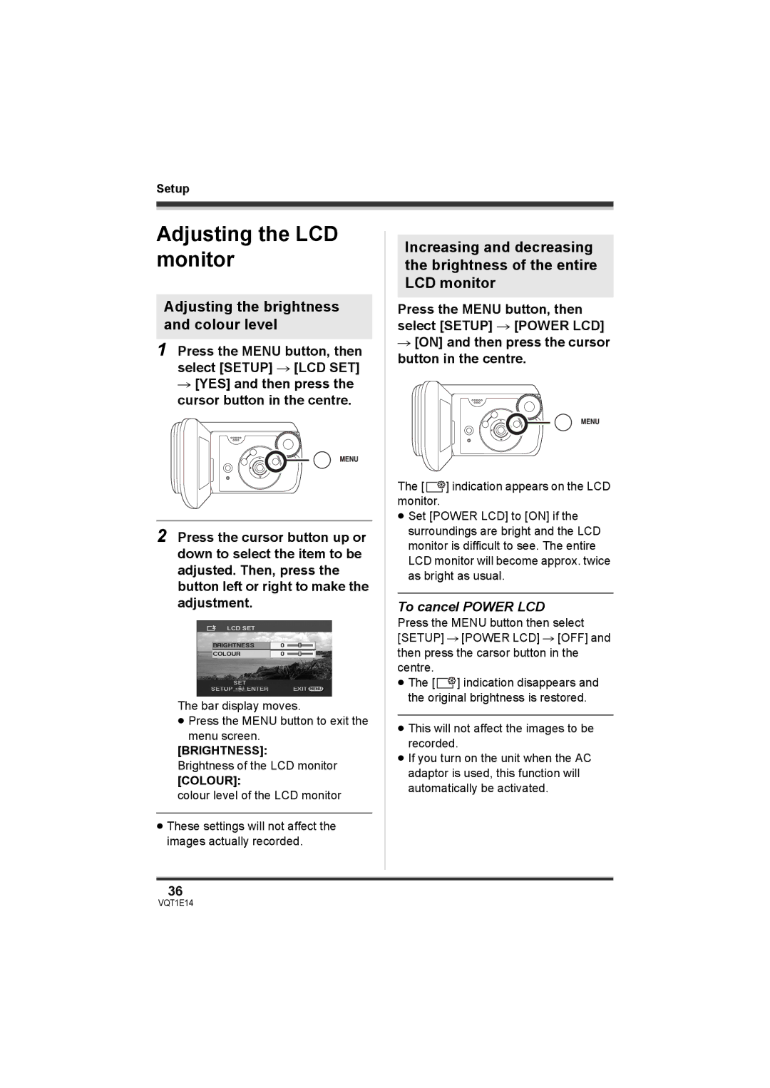 Panasonic SDR-S10 Adjusting the LCD monitor, Adjusting the brightness and colour level, To cancel Power LCD 