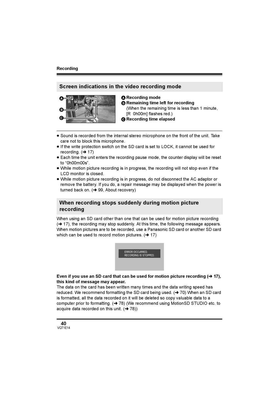 Panasonic SDR-S10 Screen indications in the video recording mode, Recording mode Remaining time left for recording 