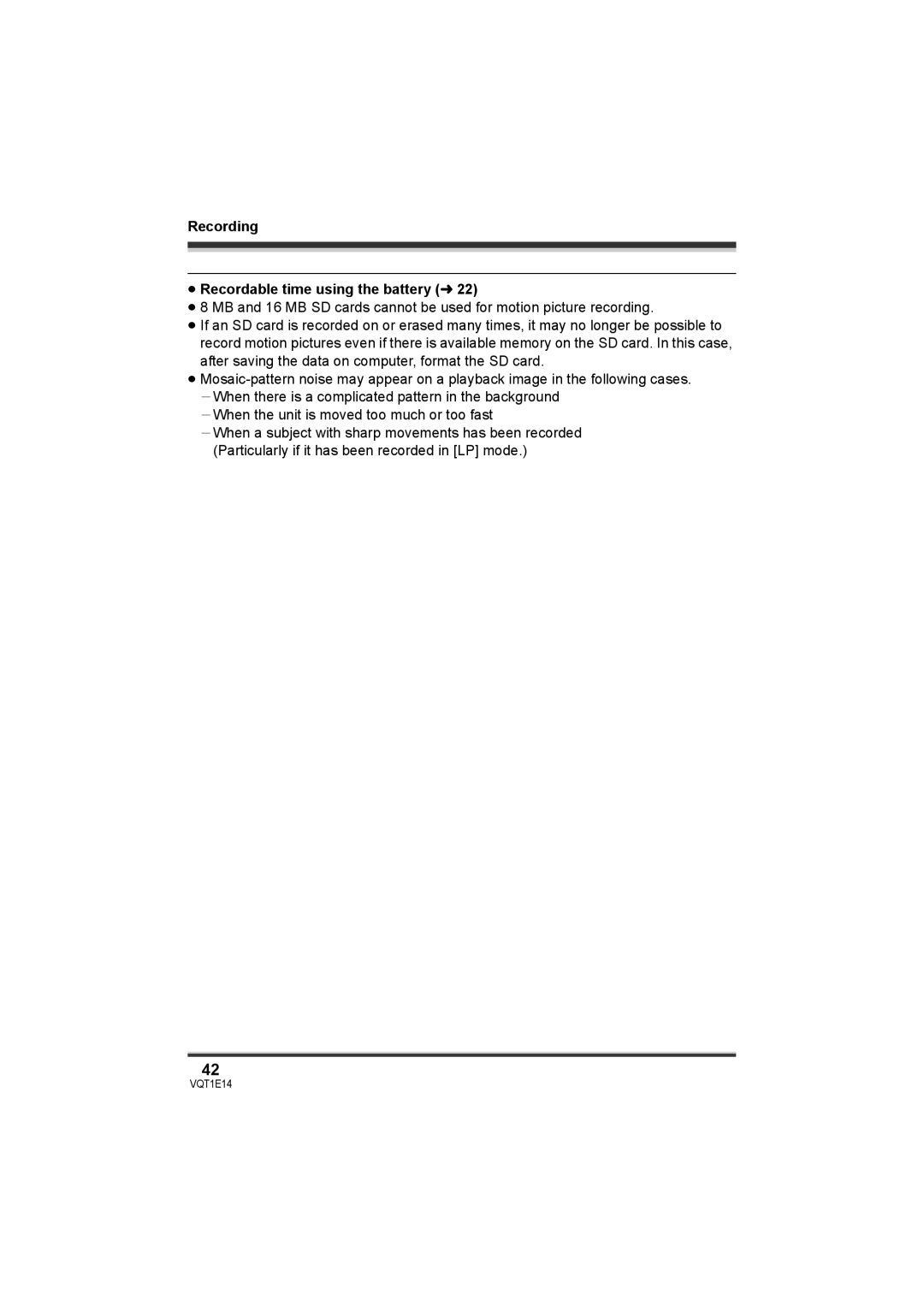 Panasonic SDR-S10 operating instructions Recording ≥ Recordable time using the battery l 