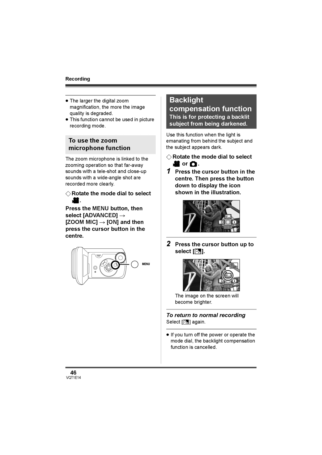 Panasonic SDR-S10 Backlight compensation function, To use the zoom microphone function, To return to normal recording 