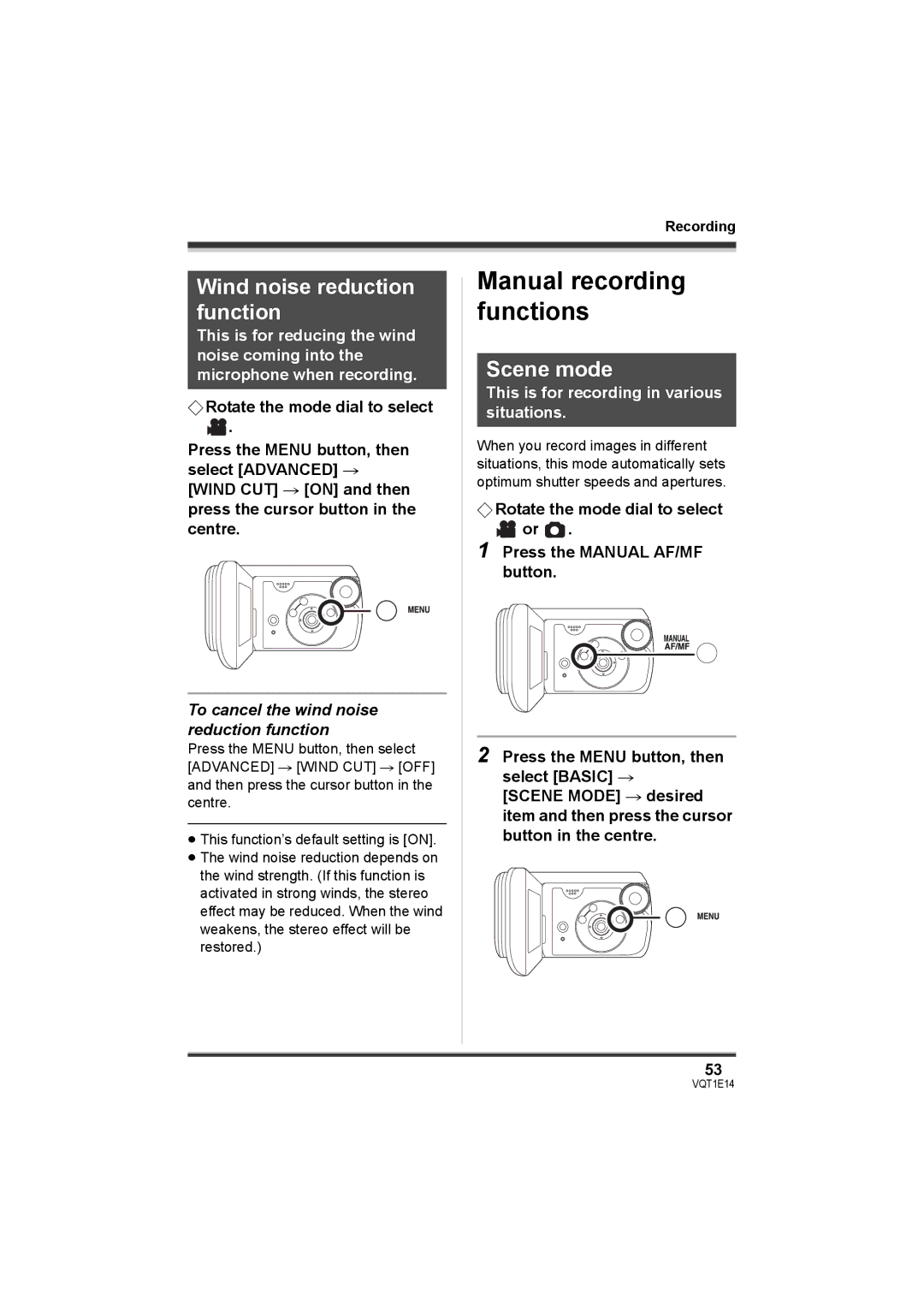 Panasonic SDR-S10 Wind noise reduction function, Scene mode, To cancel the wind noise reduction function 