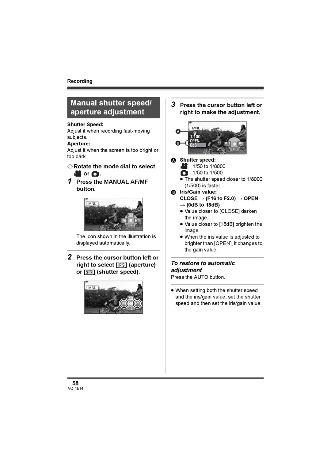 Panasonic SDR-S10 operating instructions Manual shutter speed/ aperture adjustment, To restore to automatic adjustment 