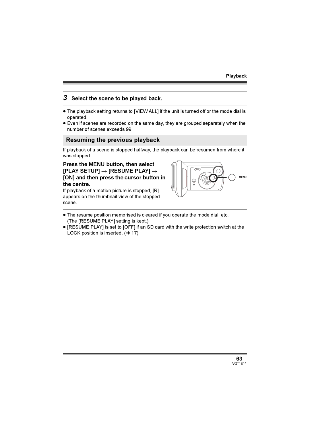 Panasonic SDR-S10 operating instructions Resuming the previous playback, Select the scene to be played back 