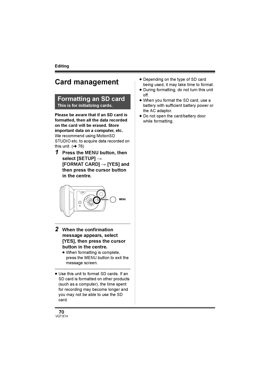 Panasonic SDR-S10 operating instructions Card management, Formatting an SD card 