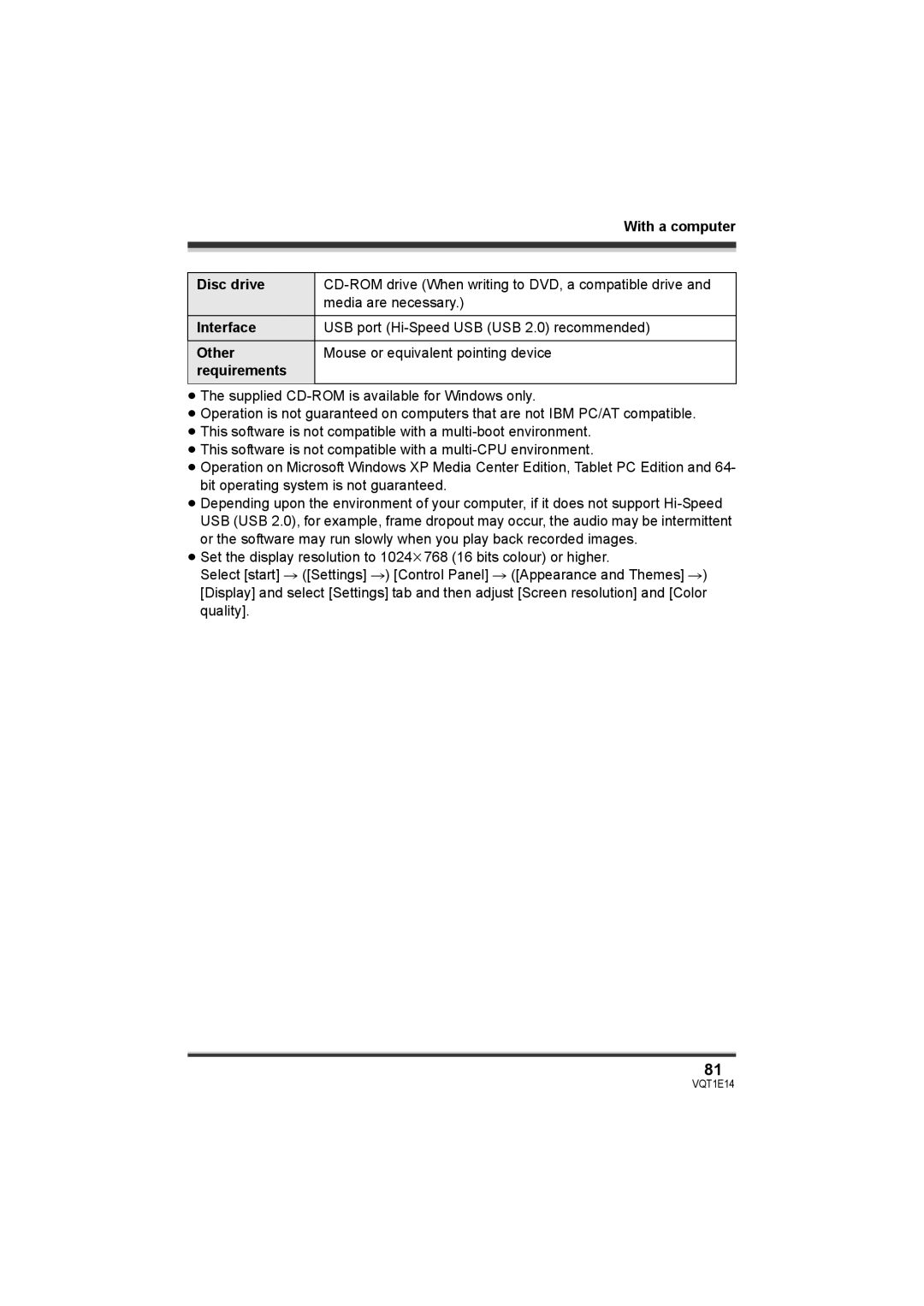 Panasonic SDR-S10 operating instructions Disc drive, Interface, Other, Requirements 