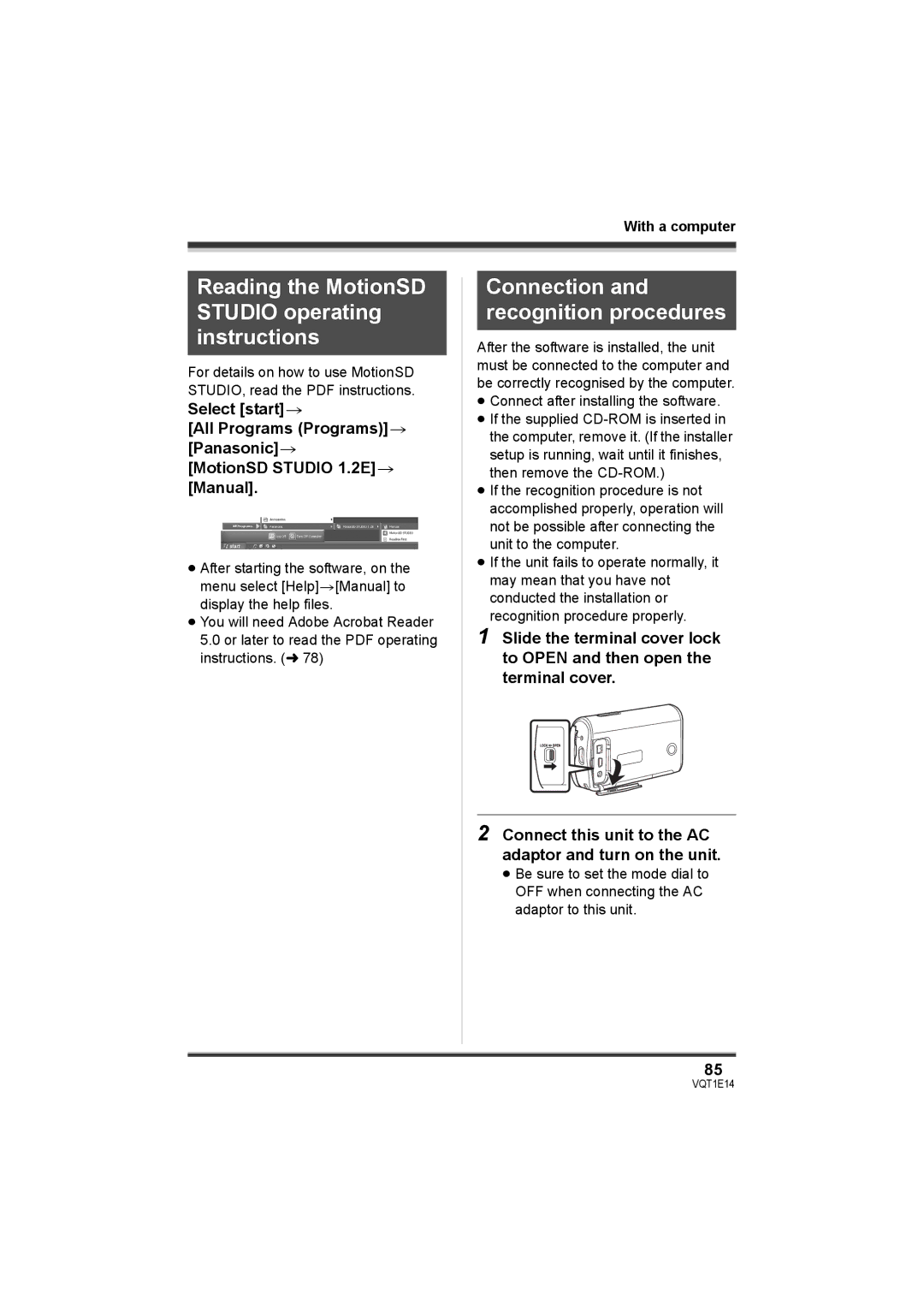 Panasonic SDR-S10 Reading the MotionSD Studio operating instructions, Connection and recognition procedures 