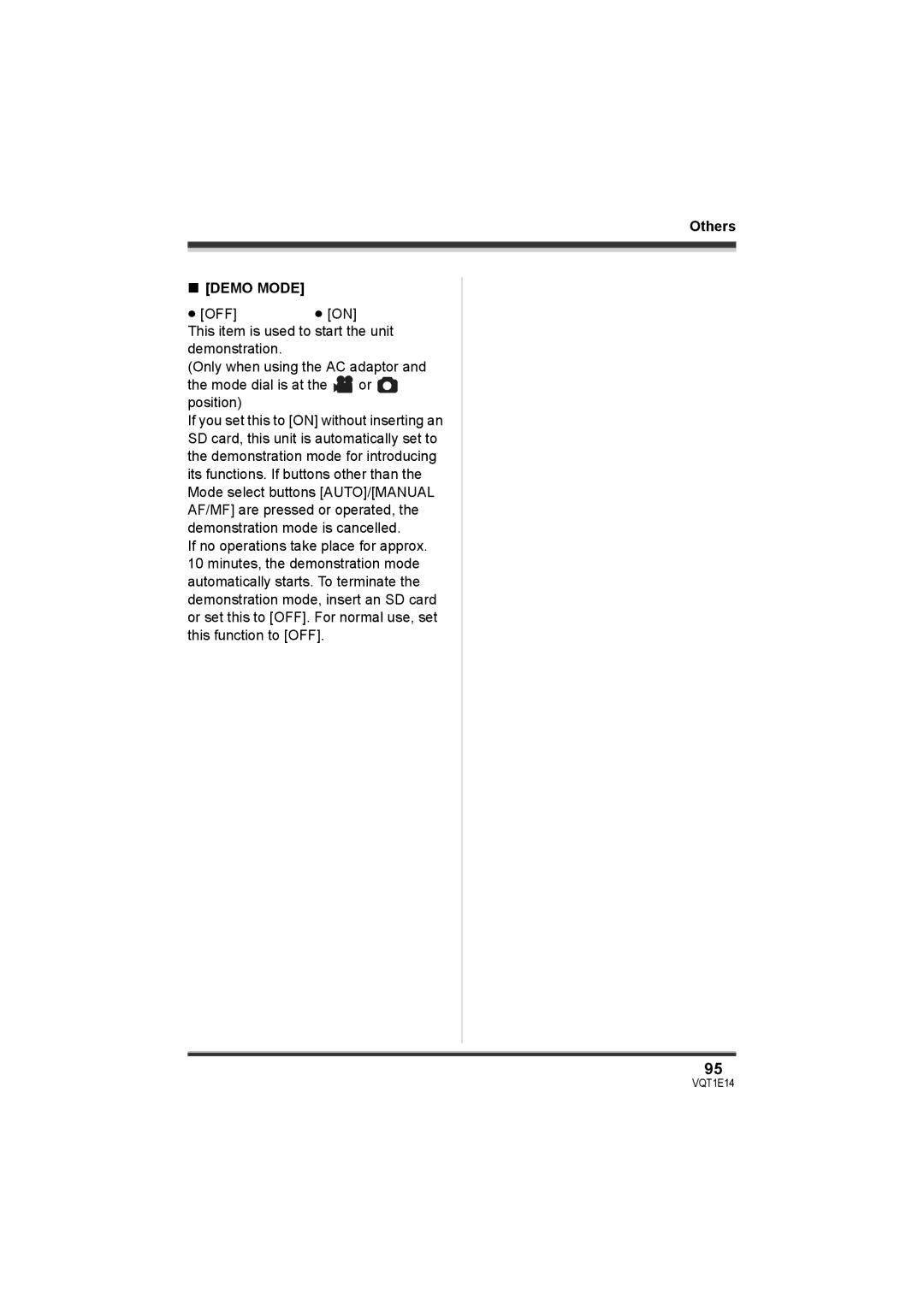 Panasonic SDR-S10 operating instructions Demo Mode 